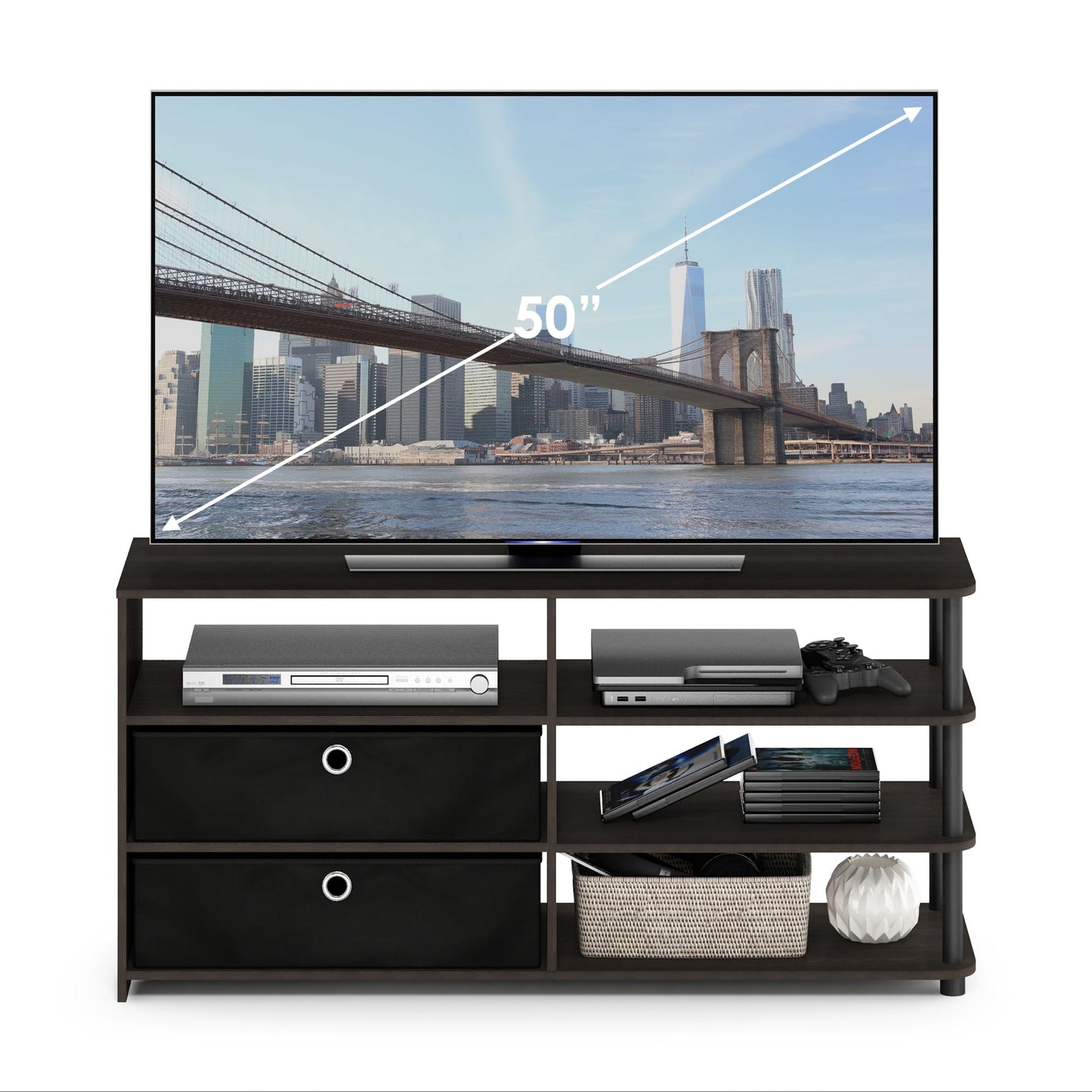 Furinno Jaya TV Stand for TV up to 55-Inch with Storage Bins & Cable Management Hole, 4-Tier Black Entertainment Center, TV Console, for Living Room