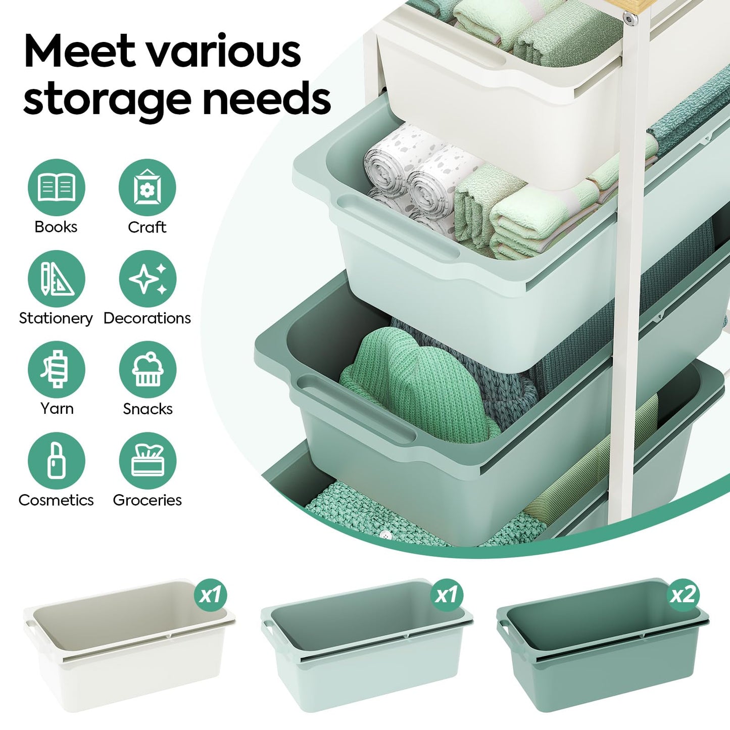 KINGBOARD 4 Drawers Storage Trolley on Wheels, Green