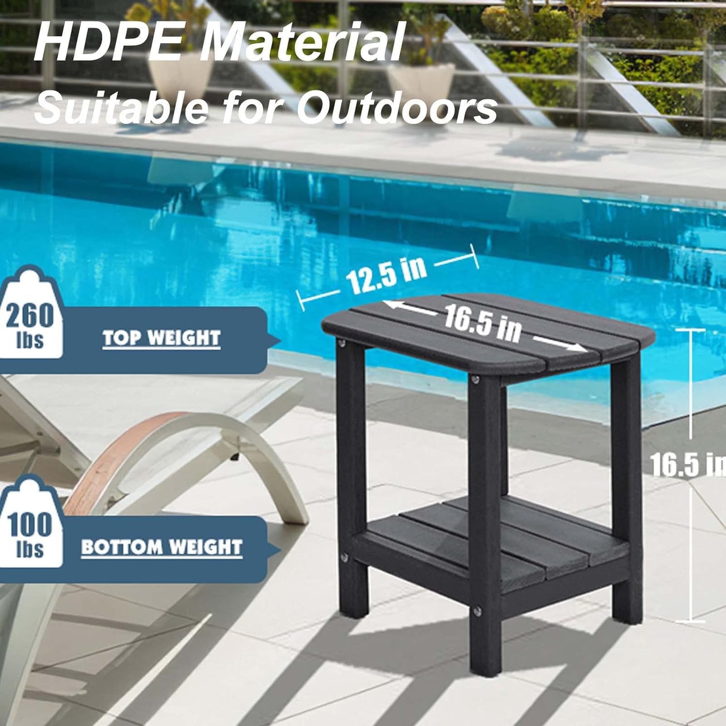 NALONE Adirondack Side Table 16.5" Outdoor Side Table HDPE Plastic Double Adirondack End Desk for Patio (Black)