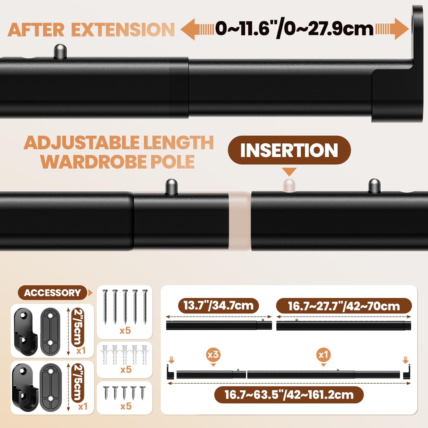 42-161CM Wardrobe Rail, Heavy Duty Wardrobe Rails, Clothes Hanging Pole