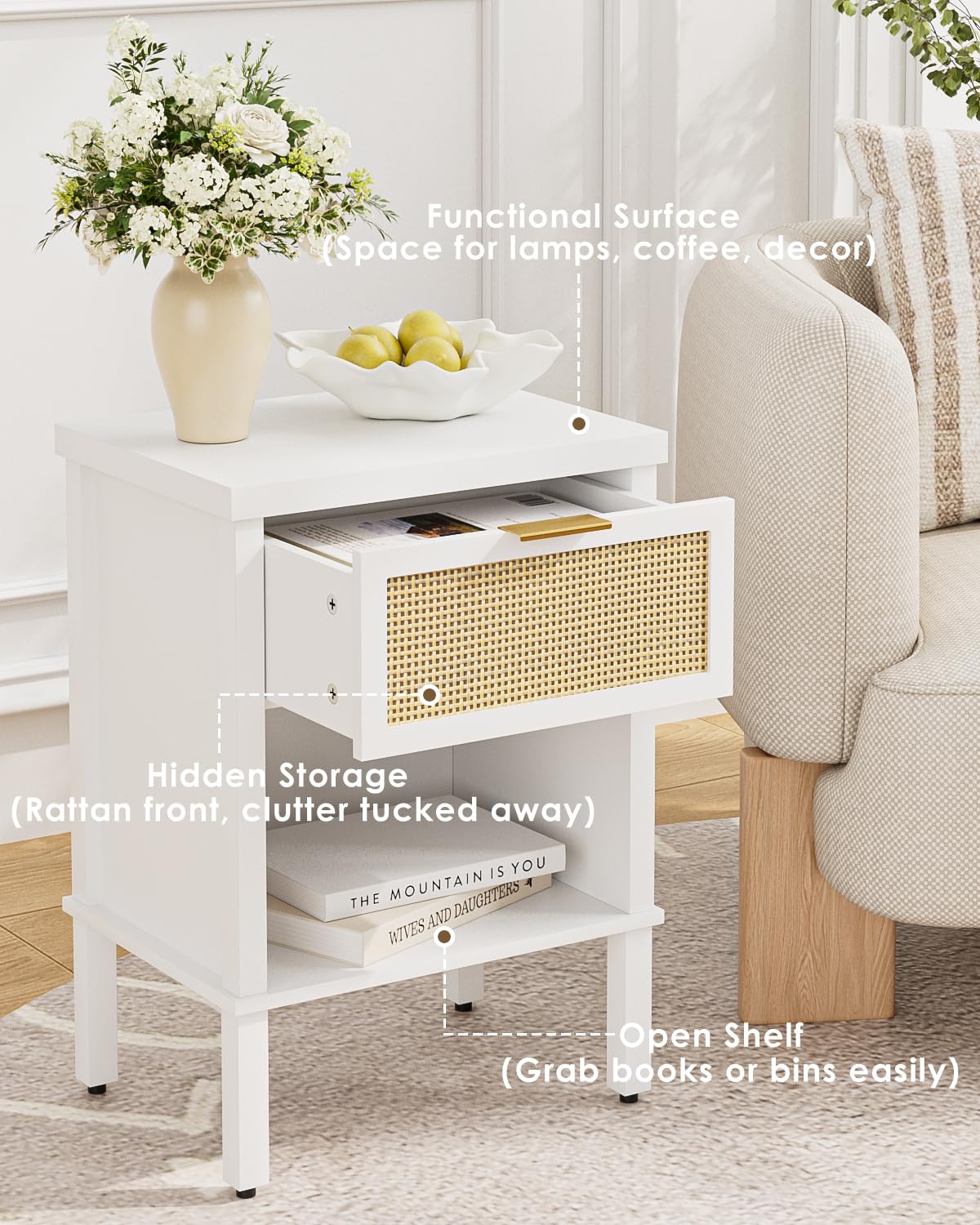 Apetaccat Rattan Bedside Table, Side Table with Open Storage Shelf, White