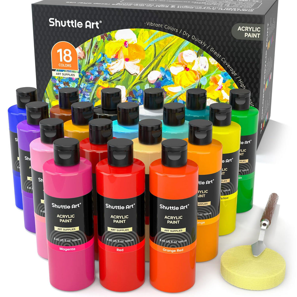 Shuttle Art Acrylic Paint, 18 Colours Acrylic Paint Bottle Set (250ml/8.45oz), Rich Pigmented Acrylic Paints, Bulk Painting Supplies for Artists,