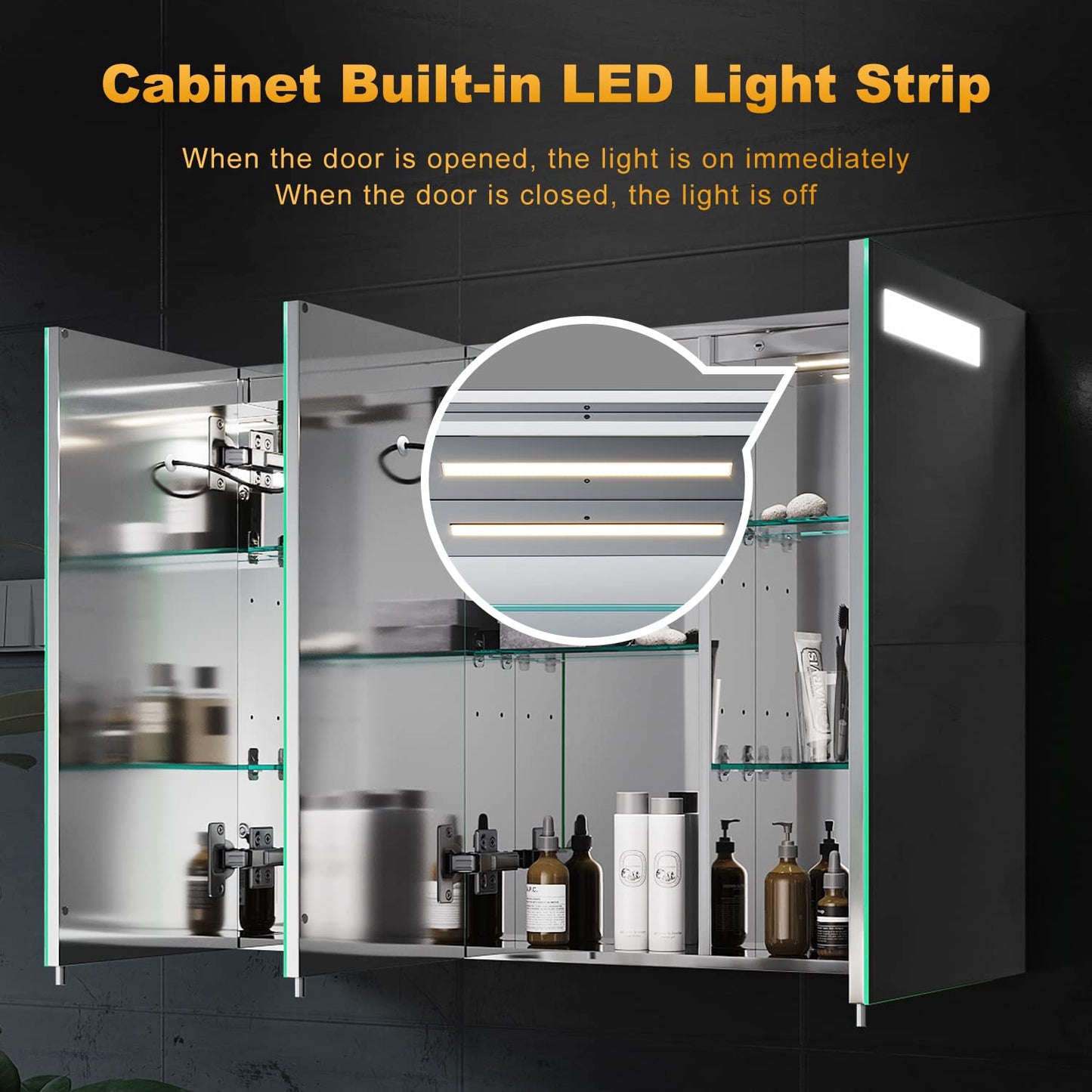 ELEGANT Large Bathroom Cabinets Wall Mounted with Bluetooth and Shaver Socket Stainless Steel Illuminated Bathroom Wall Cabinets Dimmer