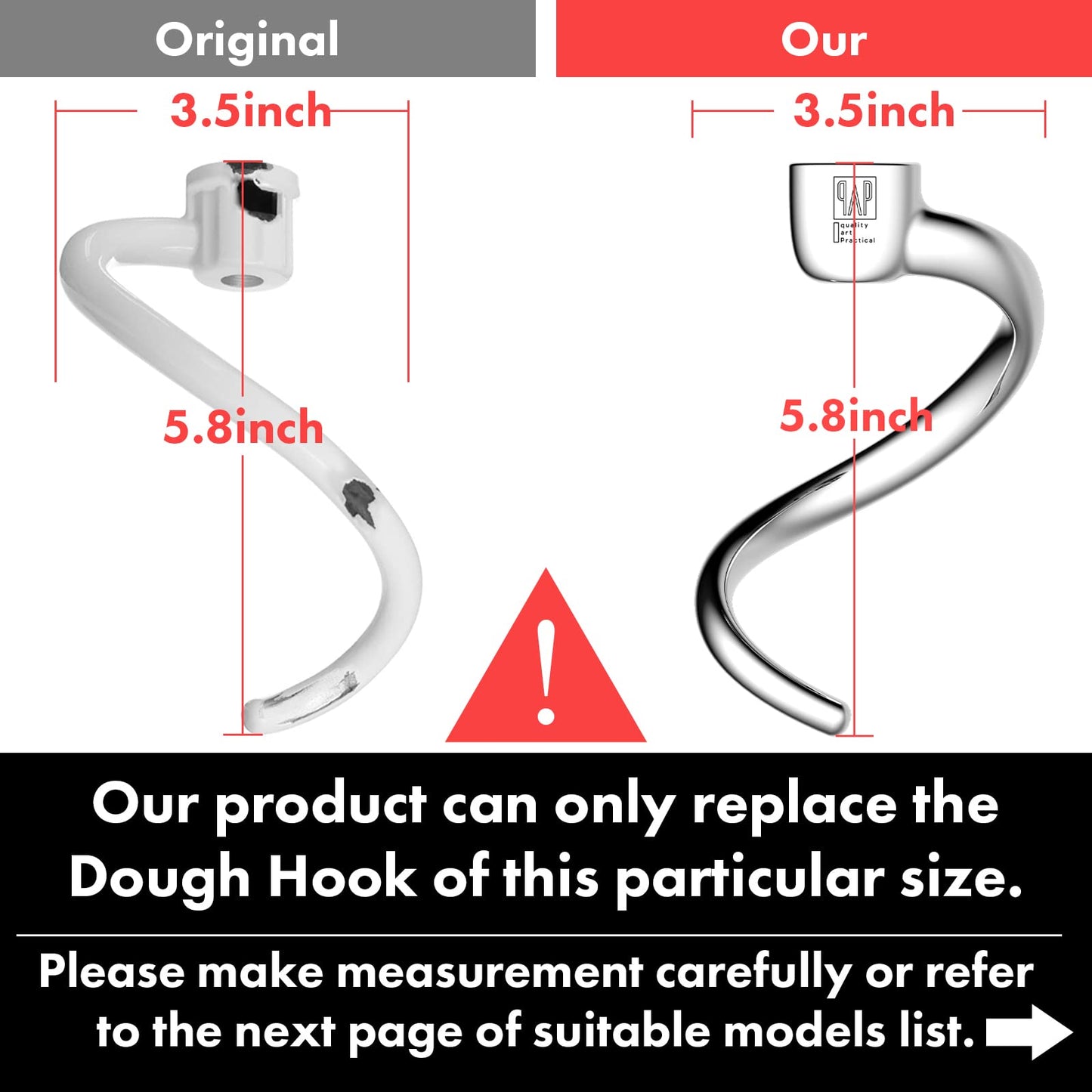 Stainless Steel Spiral Dough Hook Replacement for KitchenAid 4.5QT & 5QT Bowl Tilt-Head Stand Mixers, Rustproof & Easy Clean, Efficient Kneading for