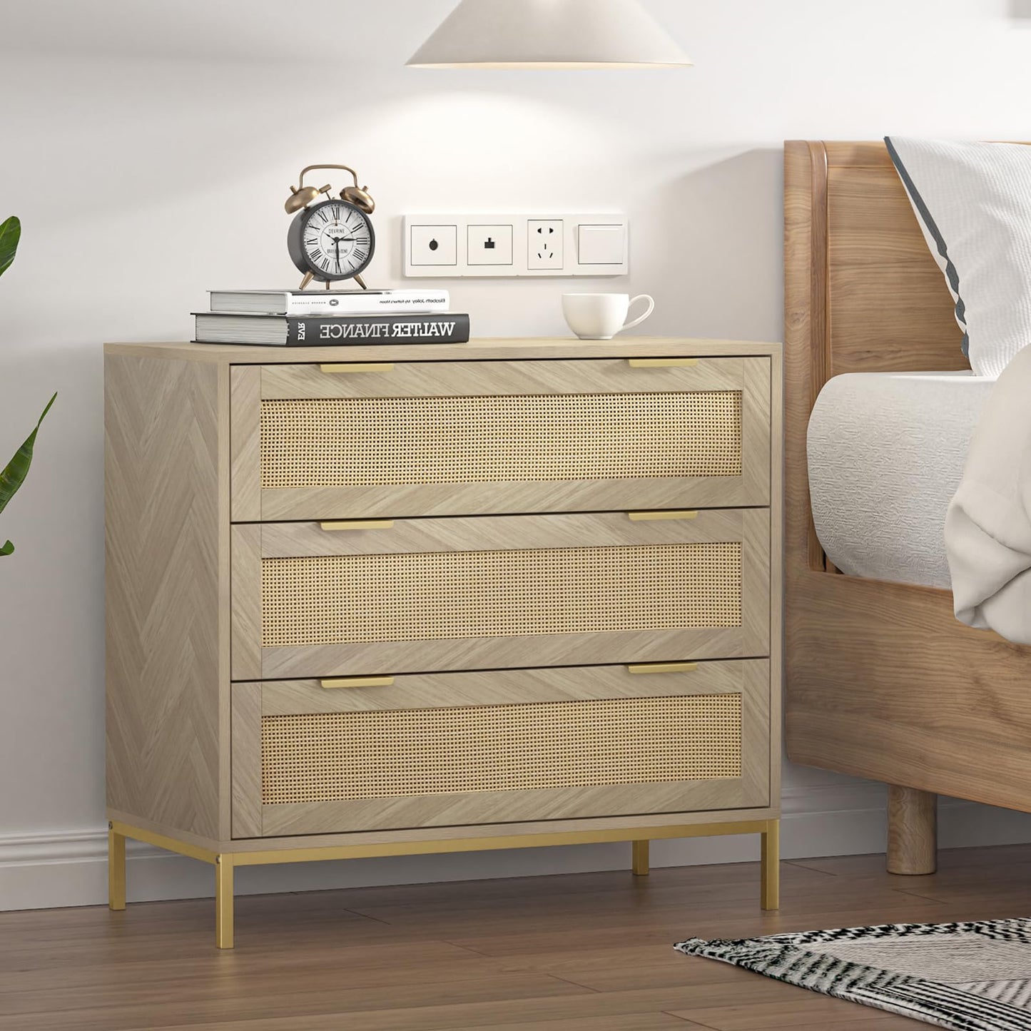 Skokliz Rattan Chest of Drawers with 3 Drawers, Storage Organizer for Bedroom, Wide Dresser Chest of Drawers, Modern Wooden Storage Unit for Hallway