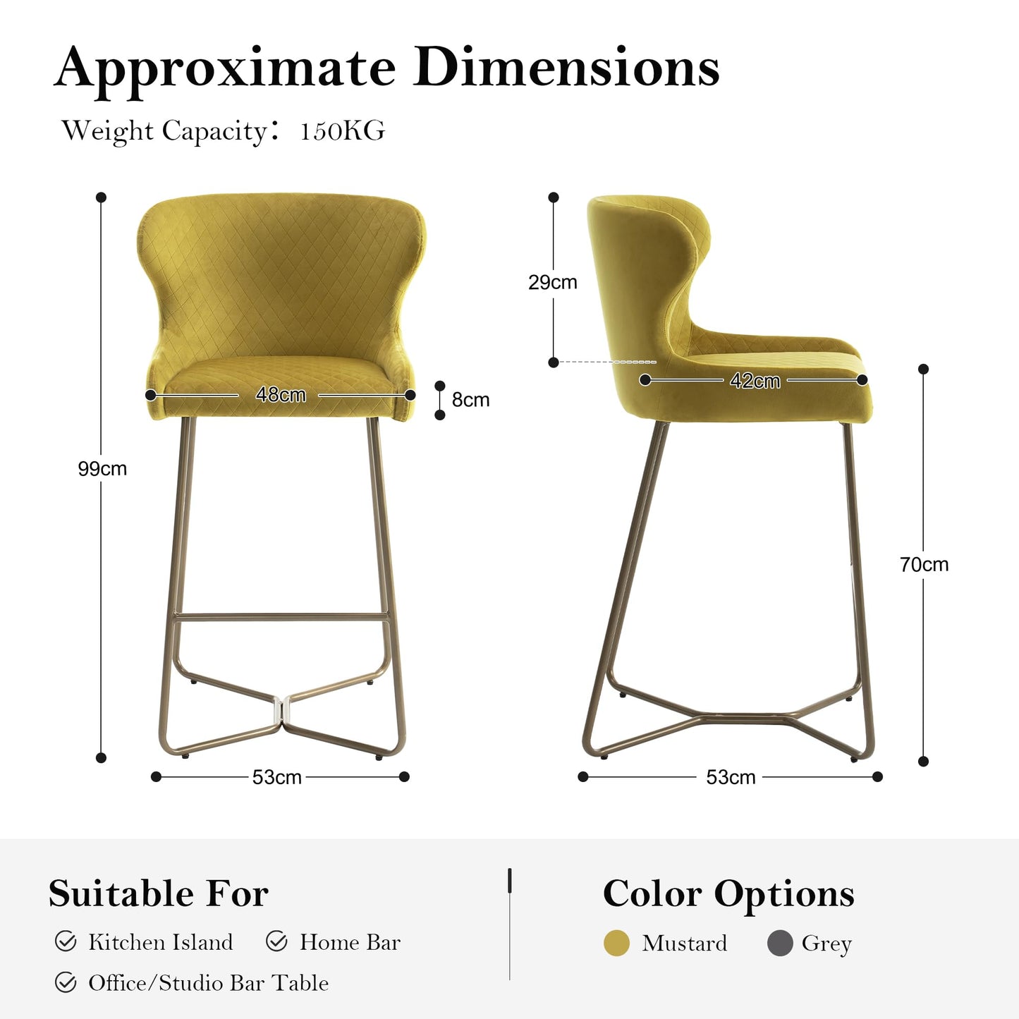 younturn Modern Velvet Bar Stools Set of 2, 70cm Seat Height Barstools with Quilted Backrest, Gold Metal Legs and Footrest, Stools for Kitchen Island