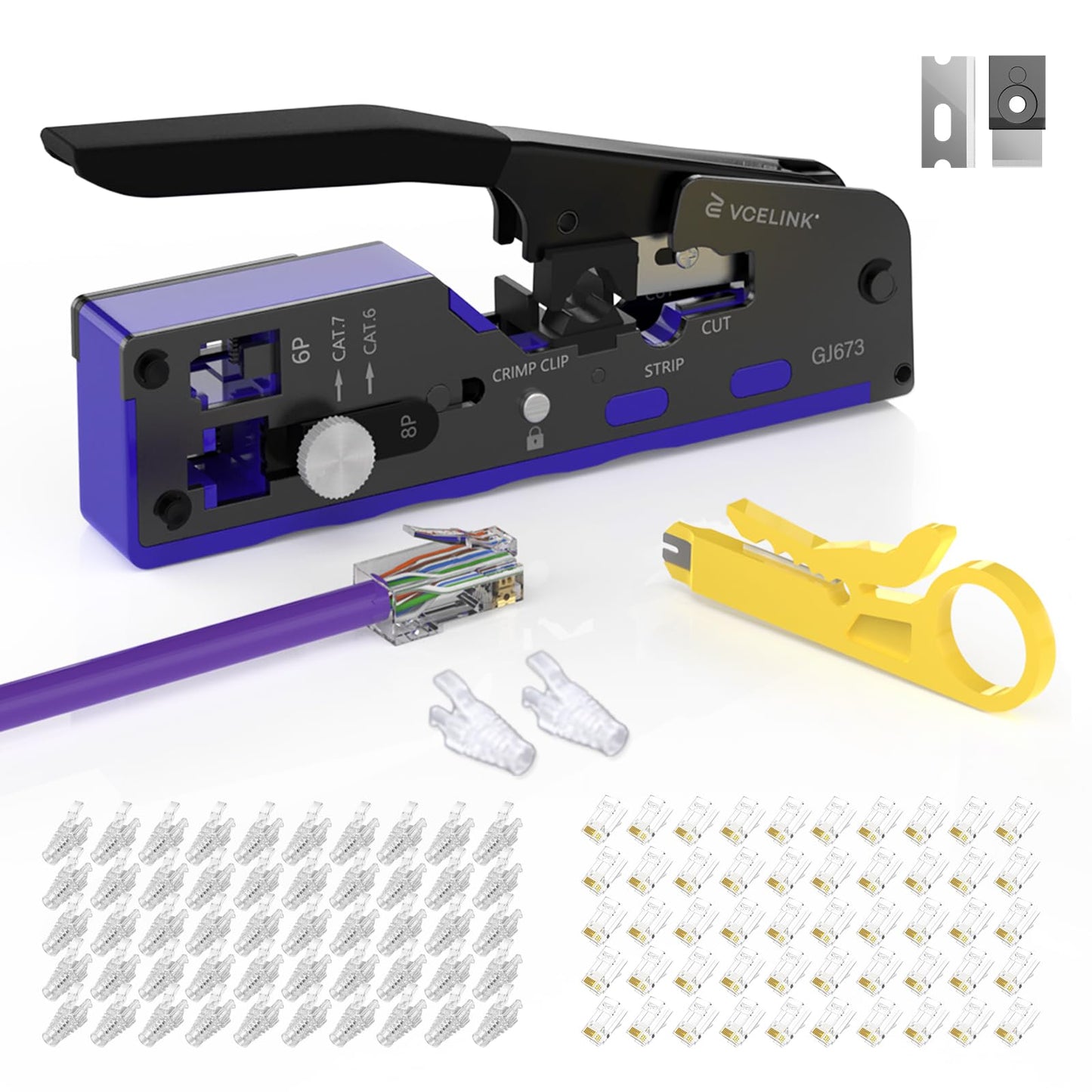 VCELINK Upgraded RJ45 Crimp Tool Kit, Pass Through Crimping Tool for CAT7/6A/6/5E/5 with 50PCS Cat6 RJ45 Connectors & Strain Relief Boots & Wire