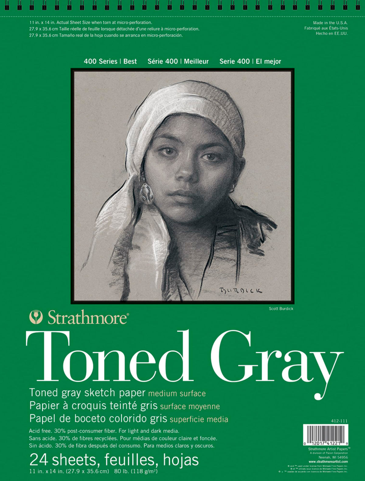 Strathmore 400 Toned 118gsm Paper Spiral Bound Sketchpad, Fine Grain, 11 x 14 in, 24 Sheets, For Professionals & Students