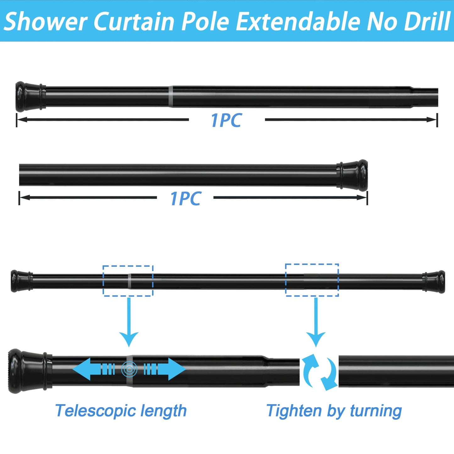1PC Shower Curtain Pole No Screws Curtain Pole No Drilling Tension Rod Curtain Poles Extendable for Window, Bathroom