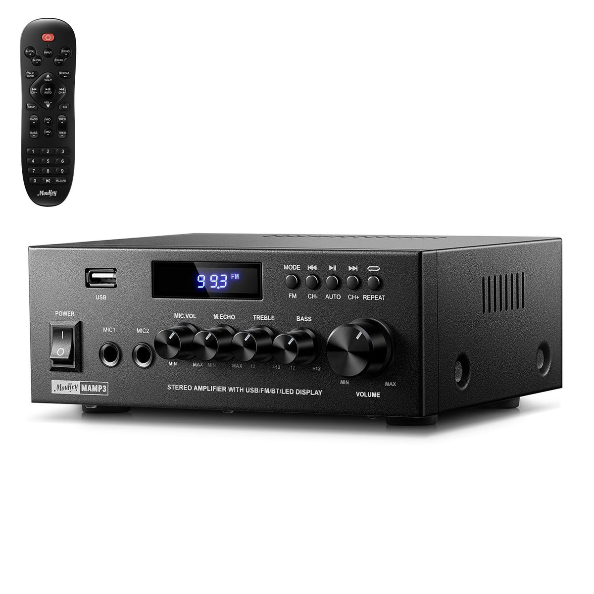 Moukey Power Audio Amplifier, 2.0 Channel Stereo Receivers with Bluetooth 5.3, Full Function Remote, FM, RCA, USB, 2 Mic In, 300W Peak Power, for