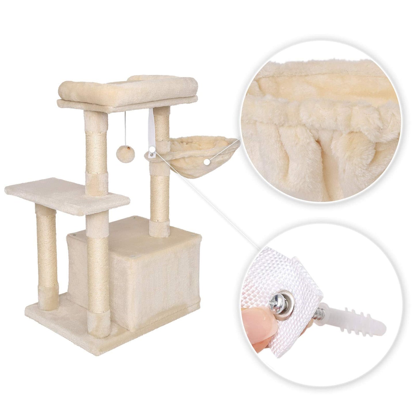 lionto Cat Scratching Post with Plush Ball and Lounger Height 85 cm Cat Tree with Sisal & Plush, Cosy Lying Surface & Cave, Includes Wall Bracket,