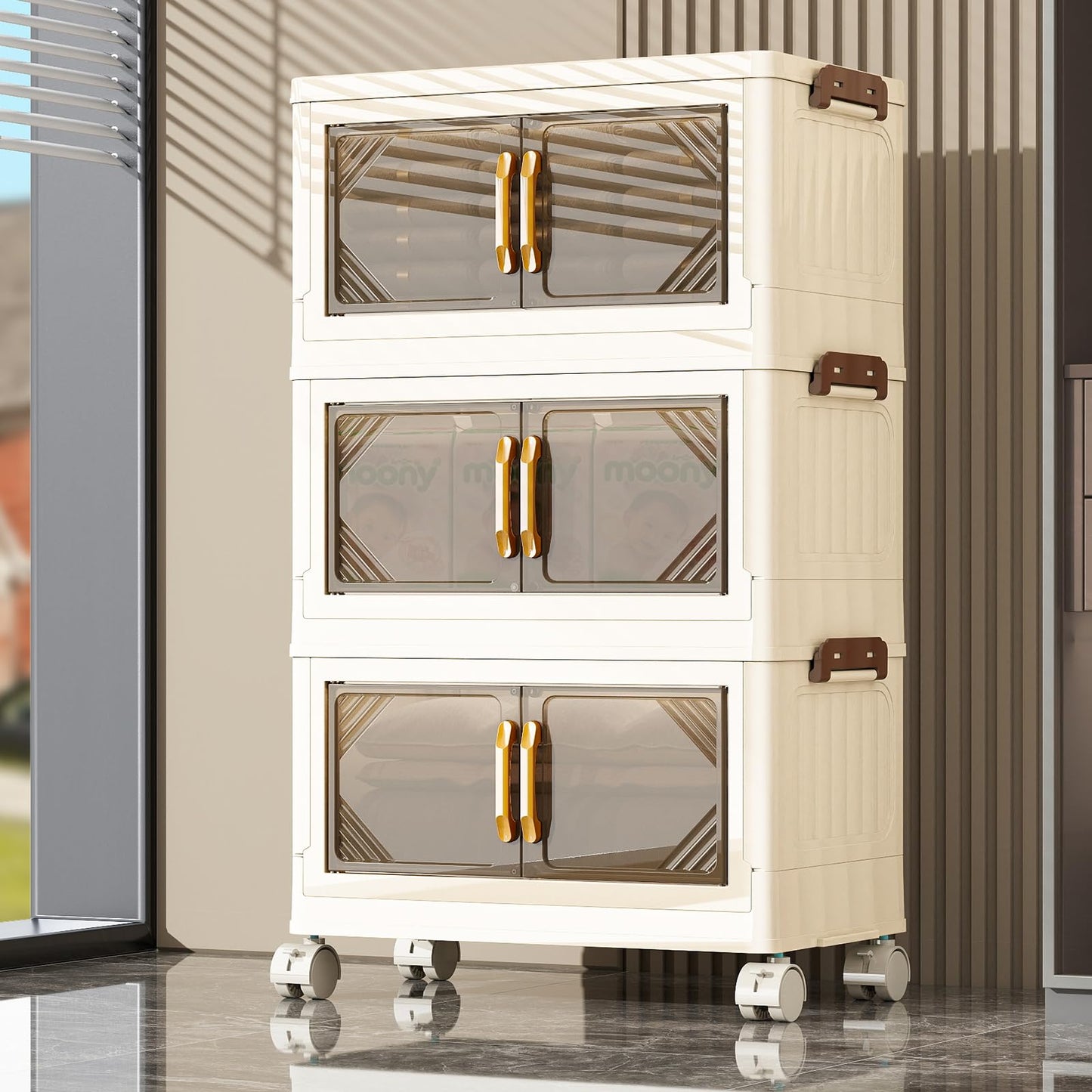 Tronkle Storage Boxes with Lid, 3-Tier Plastic Stackable Storage Boxes with 1 Lid 32L/Tier, Foldable Storage Bins with Wheels