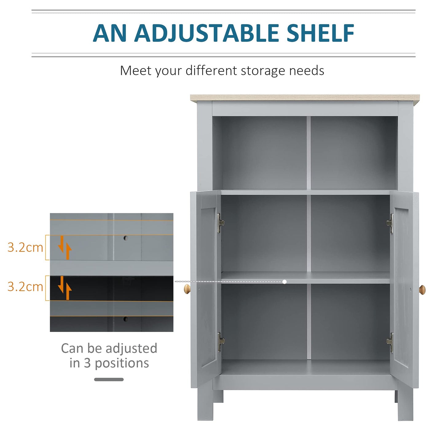 kleankin Bathroom Floor Cabinet Free Standing Cupboard Double Doors Grey