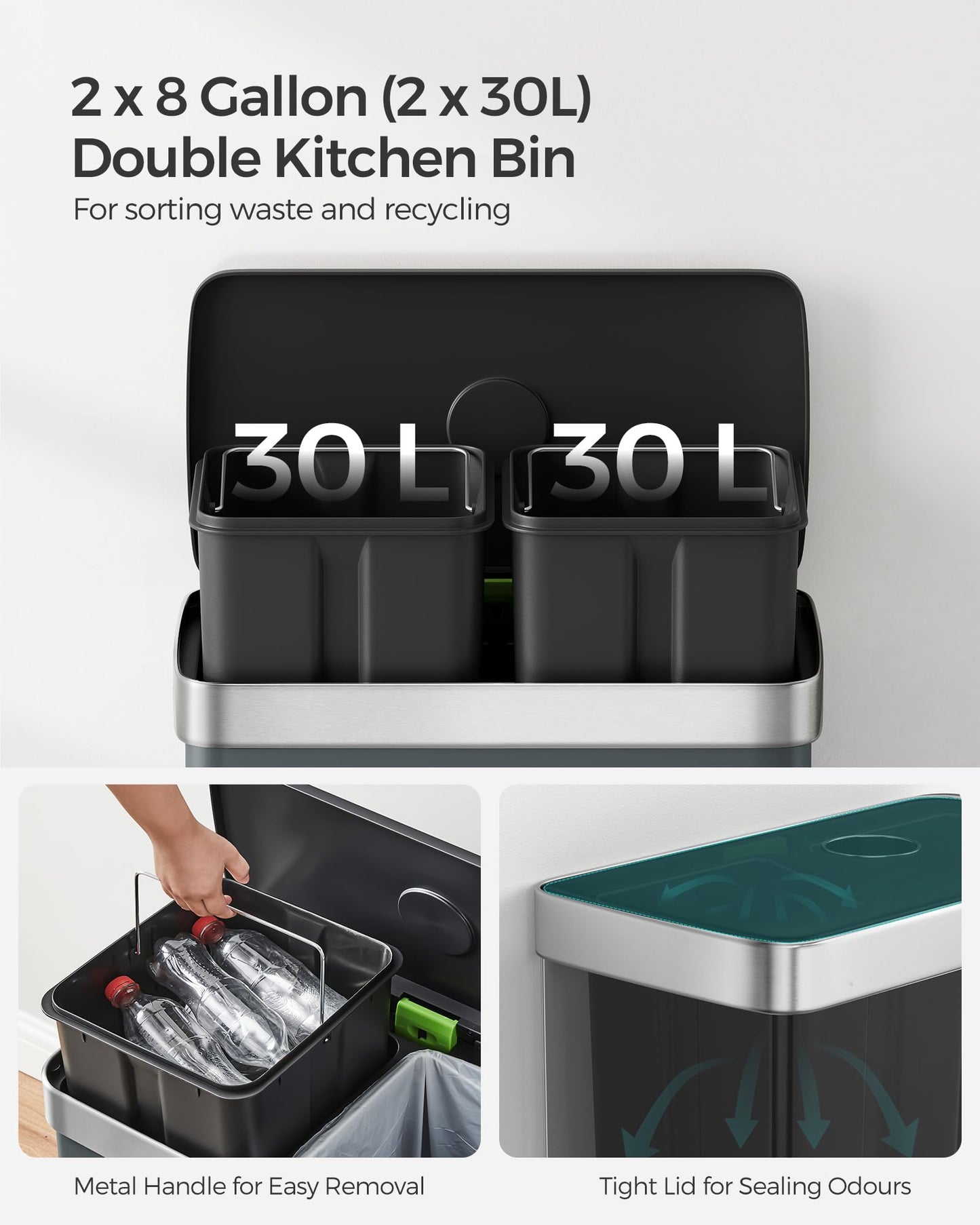SONGMICS Kitchen Bin, 2 x 30L Stainless Steel Pedal Rubbish Bin with 15 Trash Bags, Recycling and Waste, with Plastic Inner Buckets, Lid, Soft
