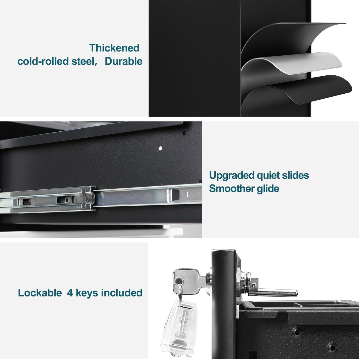 LVSTEEL Lockable 3-Drawer Metal Filing Cabinet on Wheels, Fully Assembled Mobile Office Storage for A4/Letter/Legal