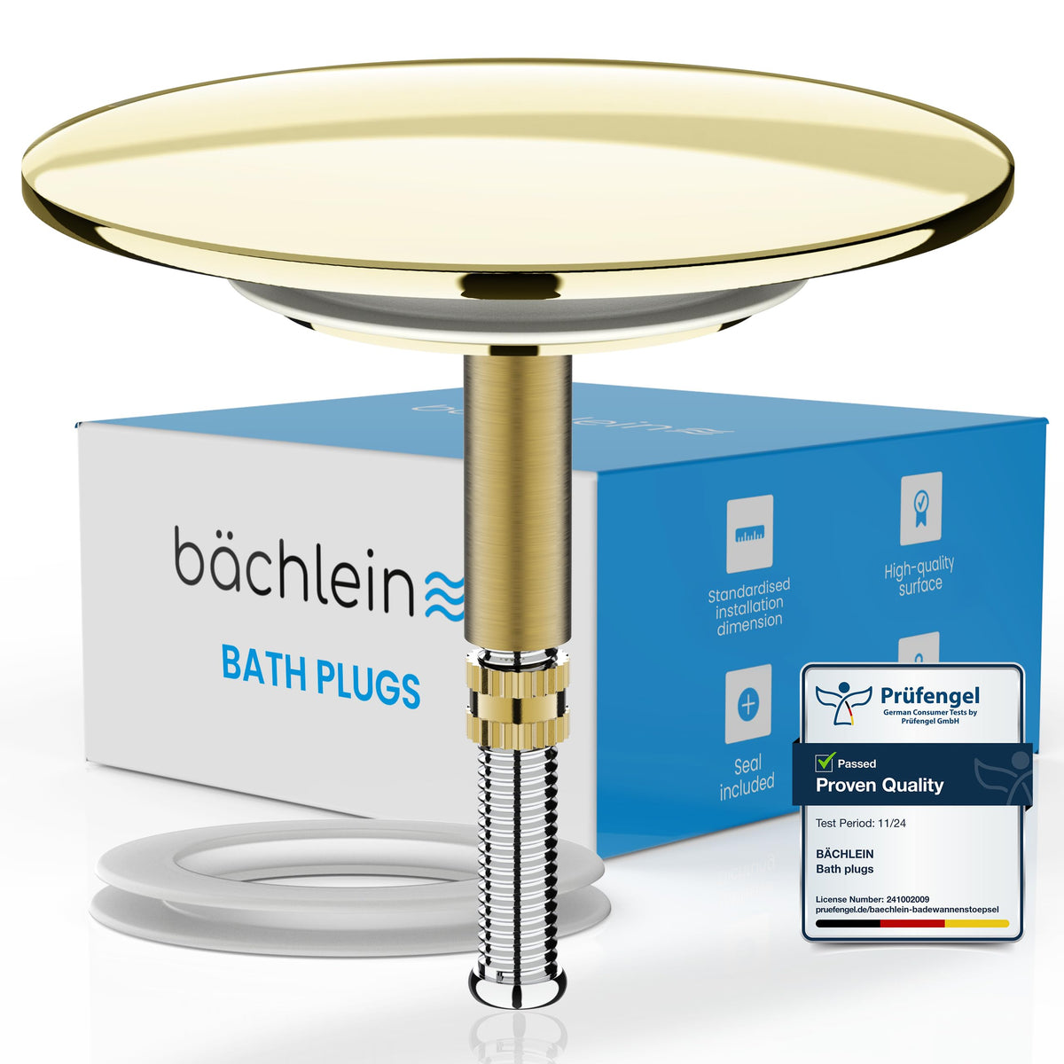 B?chlein Universal Bath Plug - Drain Plug [Gold] - incl. Replacement Seal - Drain Set for Standard Bath Tub