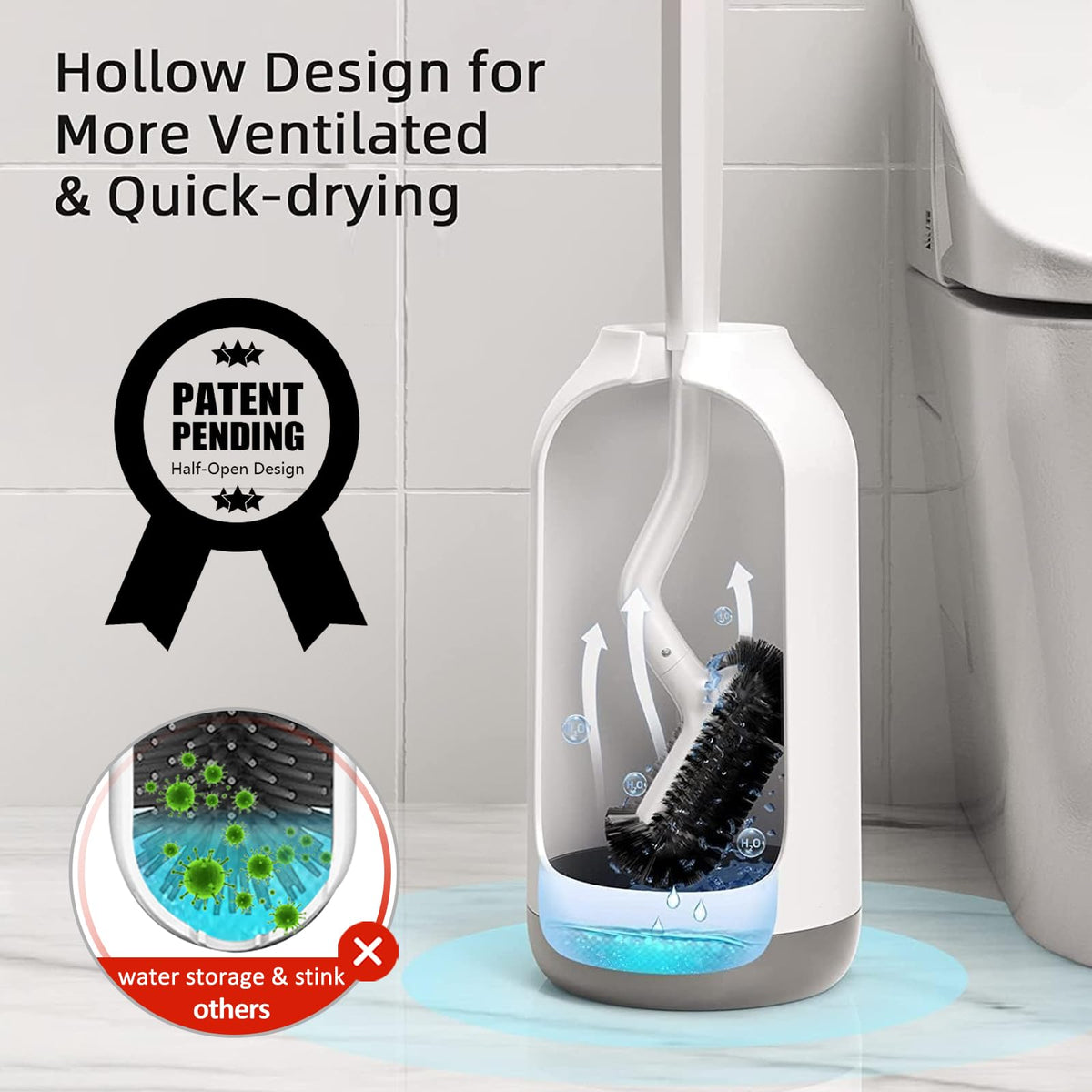 HAMITOR Toilet Bowl Brush Holder Set: Curved Design with Holder for Deep Cleaning Under Rim - Compact Hidden Scrubber for Small Space