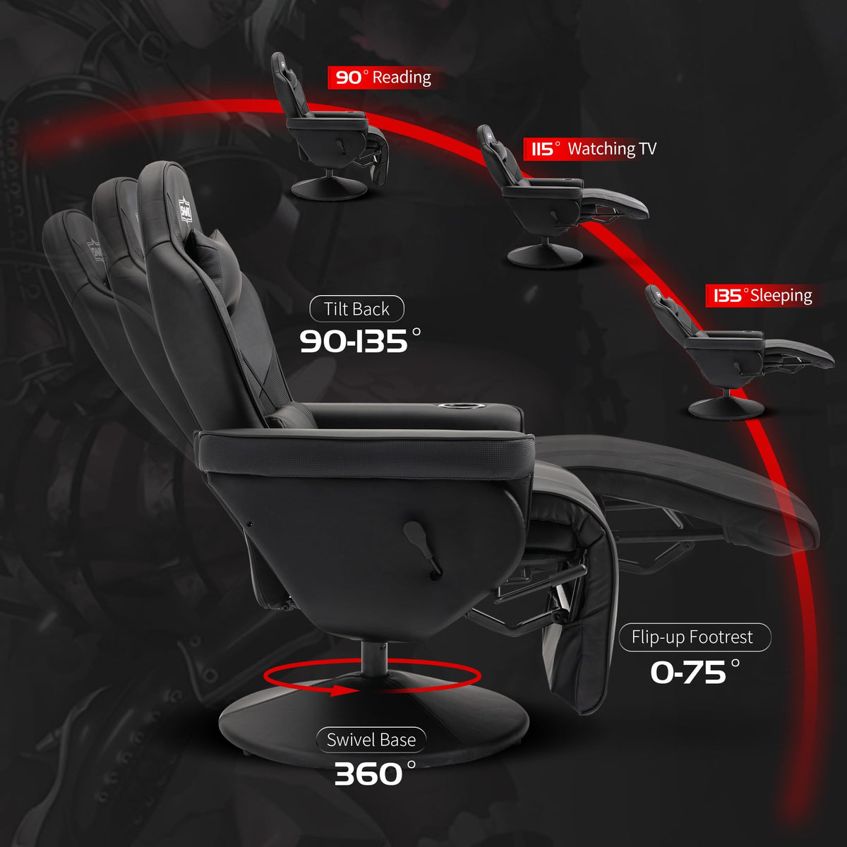 S*MAX Gaming Recliner Chair Ergonomic High Back Wide Lumbar Support Swivel PU Leather Cup Holder Adjustable Backrest Footrest Gaming Chair for Adults