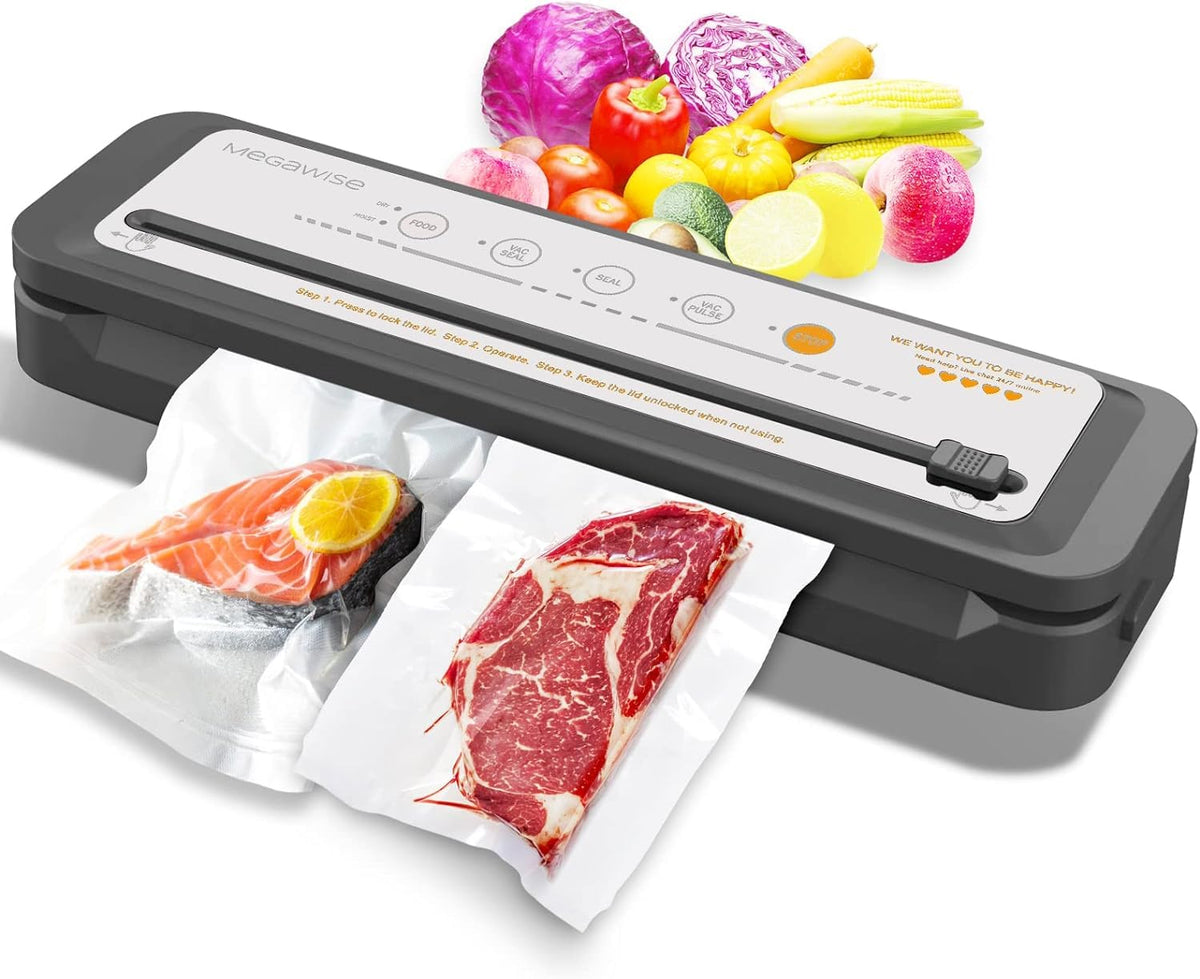 MEGAWISE Vacuum Sealer Machine, Portable Strong Suction Power Food Sealer, Bags and Cutter included with External Vacuum Function, Freshness