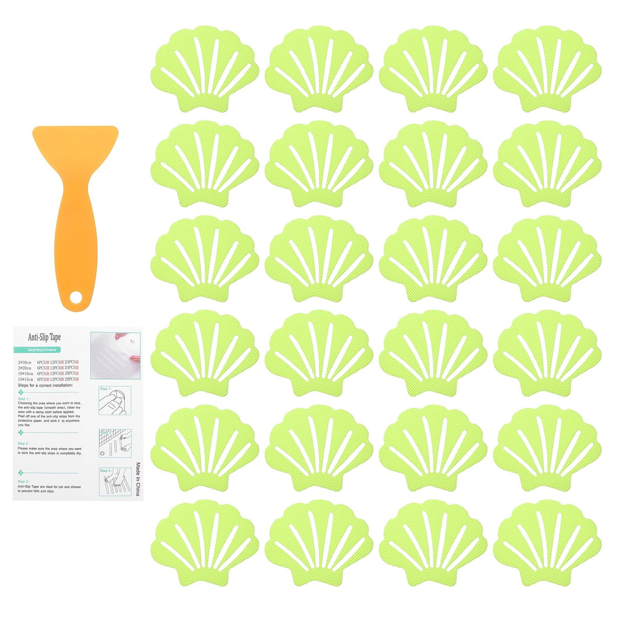 sourcing map 24Pcs Non-Slip Bathtub Stickers, 9x7 cm Shell Shape Shower Floor Non Slip Stickers with Scraper for Bathroom Shower Stairs Ladders, Grass
