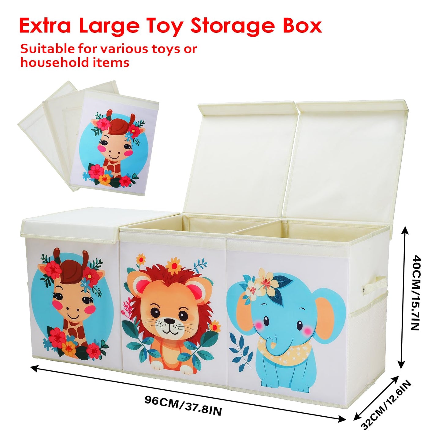 Decalsweet Extra Large Kids Toy Storage Box with Lid,Foldable Oxford Toy Storage Organizer Box with Mesh Pockets for Children-96?32?40cm-Toy Chest