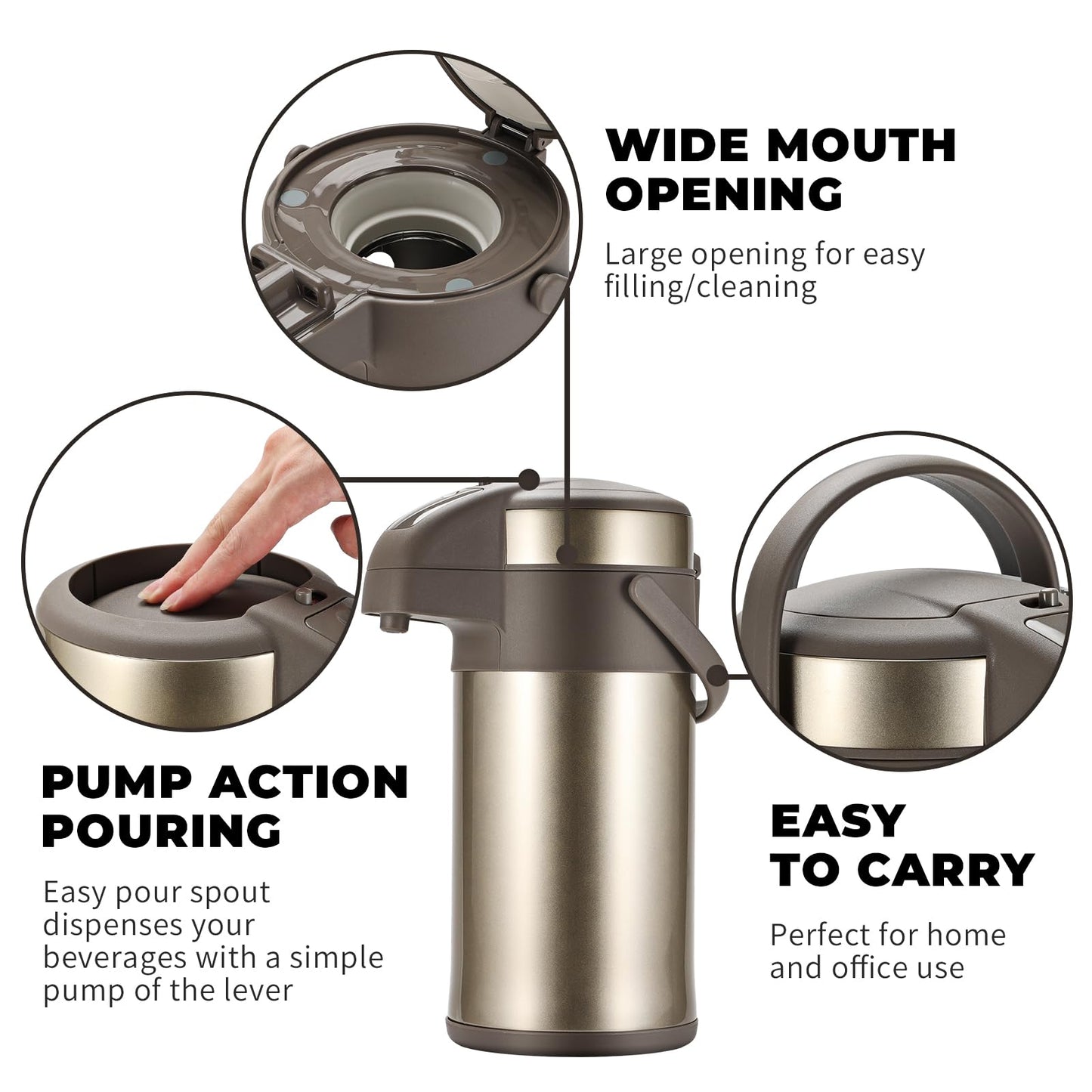 Olerd Coffee Pump Flask - 3L Insulated Pump Airpot - Stainless Steel Vacuum Thermal Water Dispenser BPA Free Tea Flask