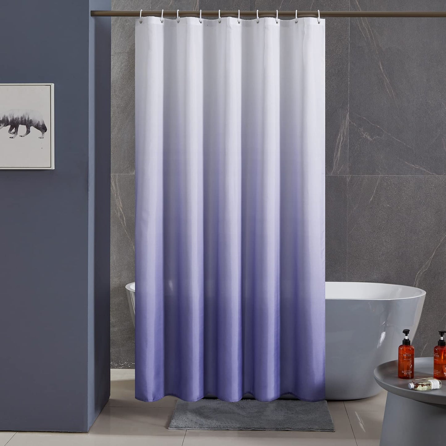 Furlinic Shower Curtain Mould Proof Polyester Fabric Wetroom Bath Curtains Waterproof Machine Washable with 12 Hooks for Bathroom White to Purple