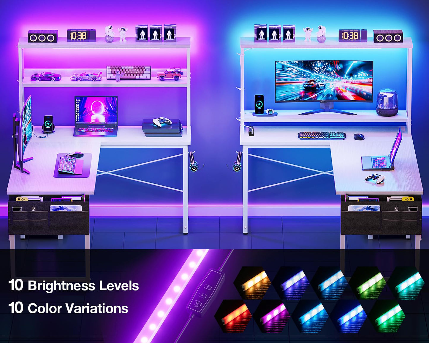 Coleshome L Shaped Gaming Desk with LED Lights & Power Outlet, White