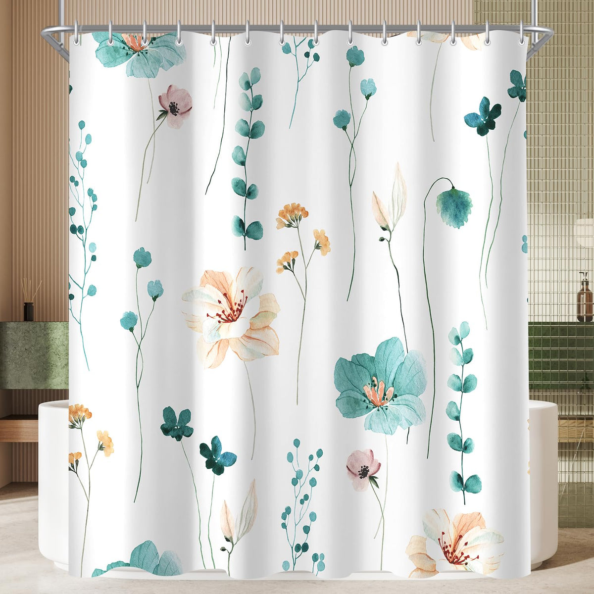 Lerores Shower Curtain, 150 x 200 cm, Teal Flower, Weighted Hem, Anti-Mould, Water-Repellent, Washable Polyester Bath Curtains with 8 Eyelets and