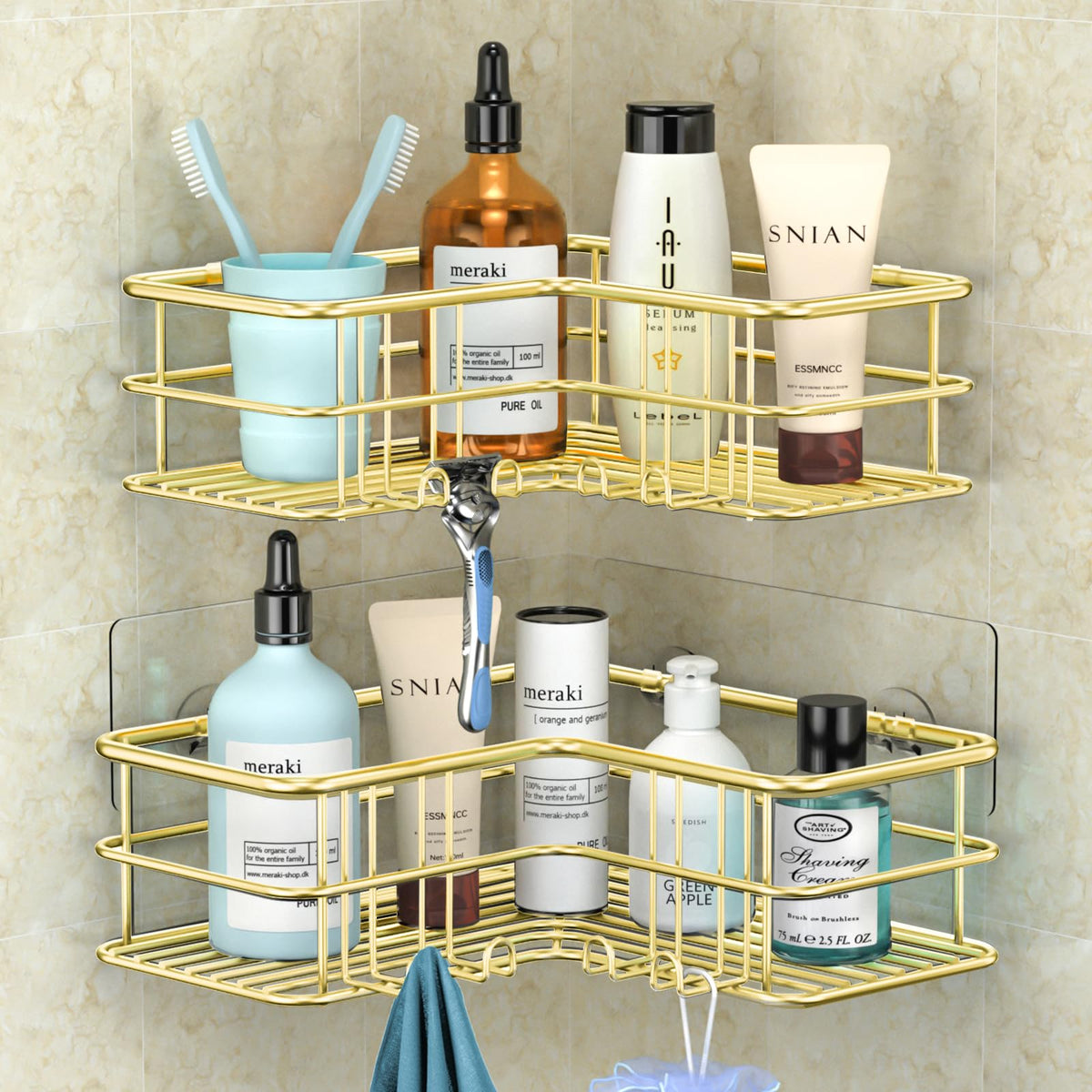 Menbyci Gold Corner Shower Caddy,Adhesive Shower Shelf with Hooks,Stainless Steel Rustproof Bathroom Storage Organizer,No Drilling Shower Shampoo