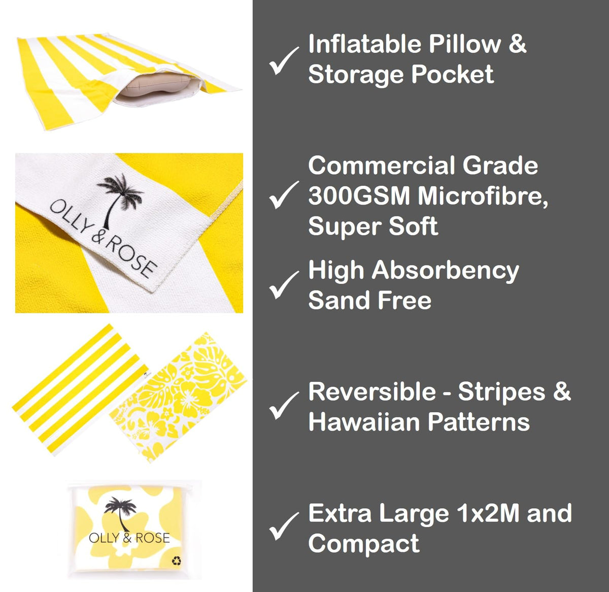 Olly & Rose Luxury Microfibre Extra Large Beach Towel with Zip Pocket and Inflatable Pillow and Reversible Pattern 100 x 200cm Yellow