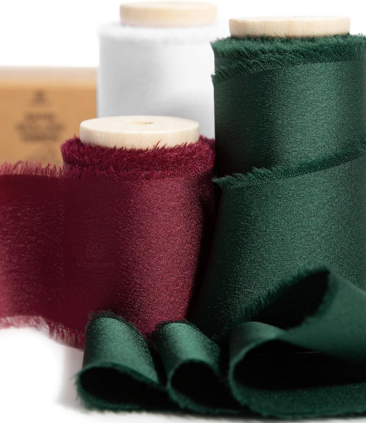 Vitalizart Christmas Silky Satin Ribbon, 1.5'' x 15 Yard with Wooden Spool, Green & White & Burgundy Handmade Fringe Ribbons for Gift Wrapping,