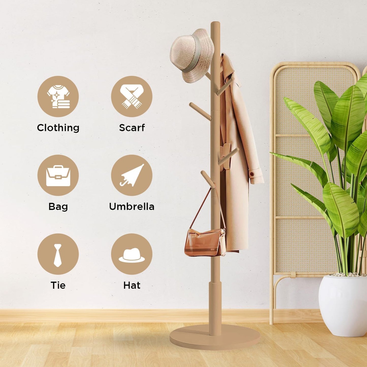 edihome, Coat Stand with Round Base, Freestanding Coat Rack with 8 Hooks, 172 x 38 x 38 cm, Wooden Hall Tree for Coats, Hats, Jackets