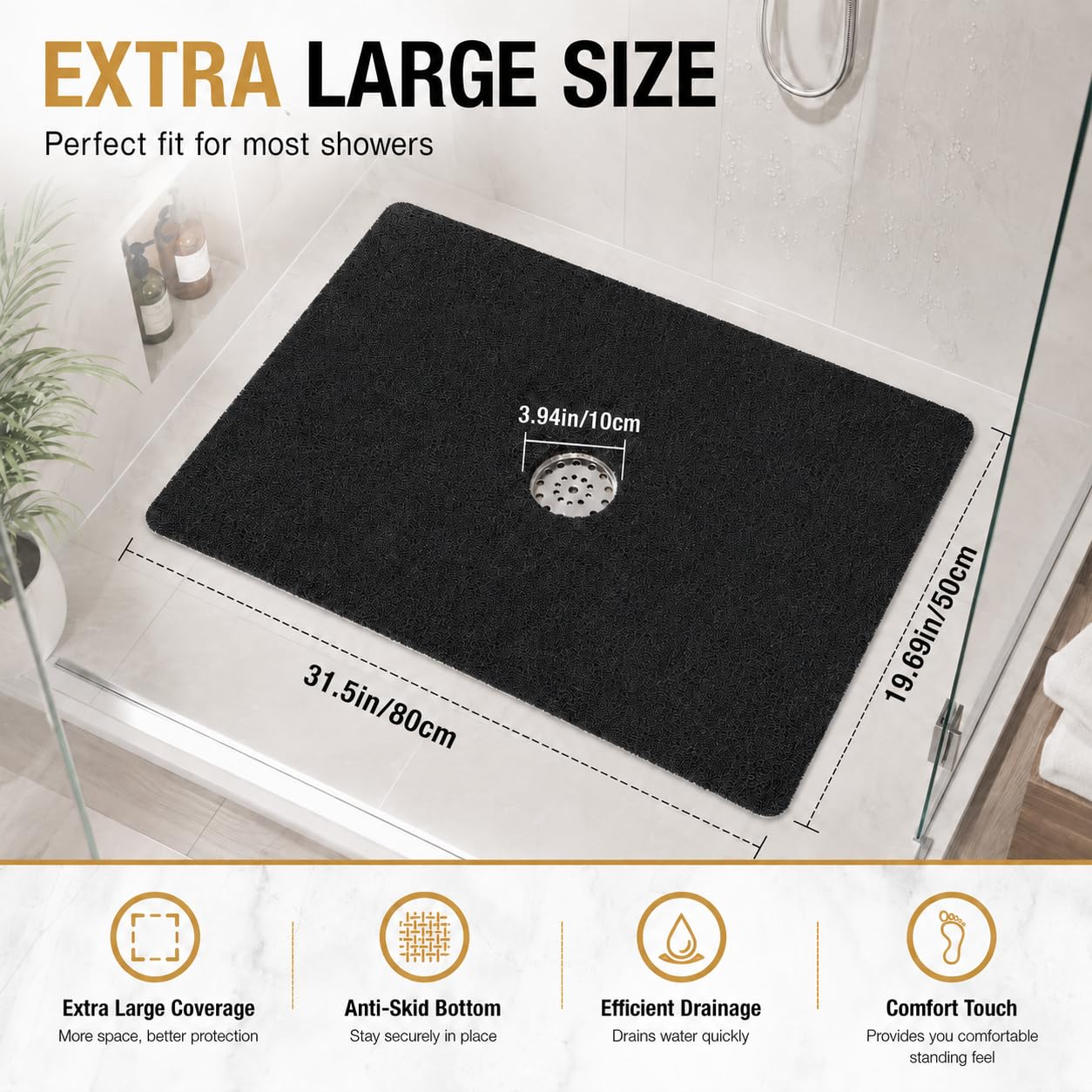 Non Slip Loofah Shower Mat 80 x 50cm Soft PVC Bath Mat for Inside Shower