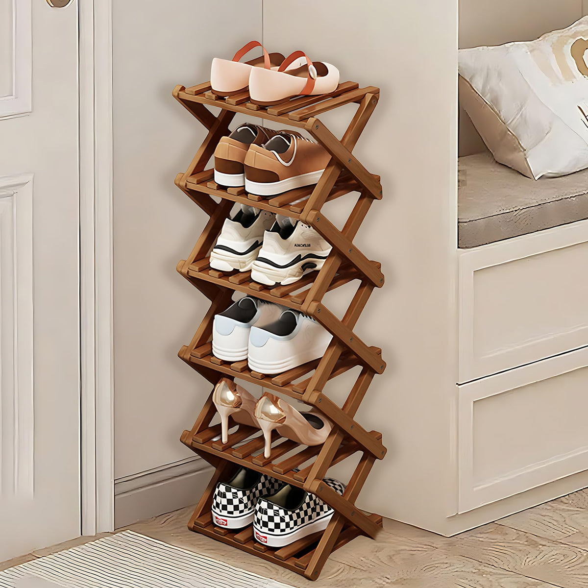 Kiss Me 6-Tier Bamboo Foldable Shoe Rack, Vertical, Space-Saving, Brown