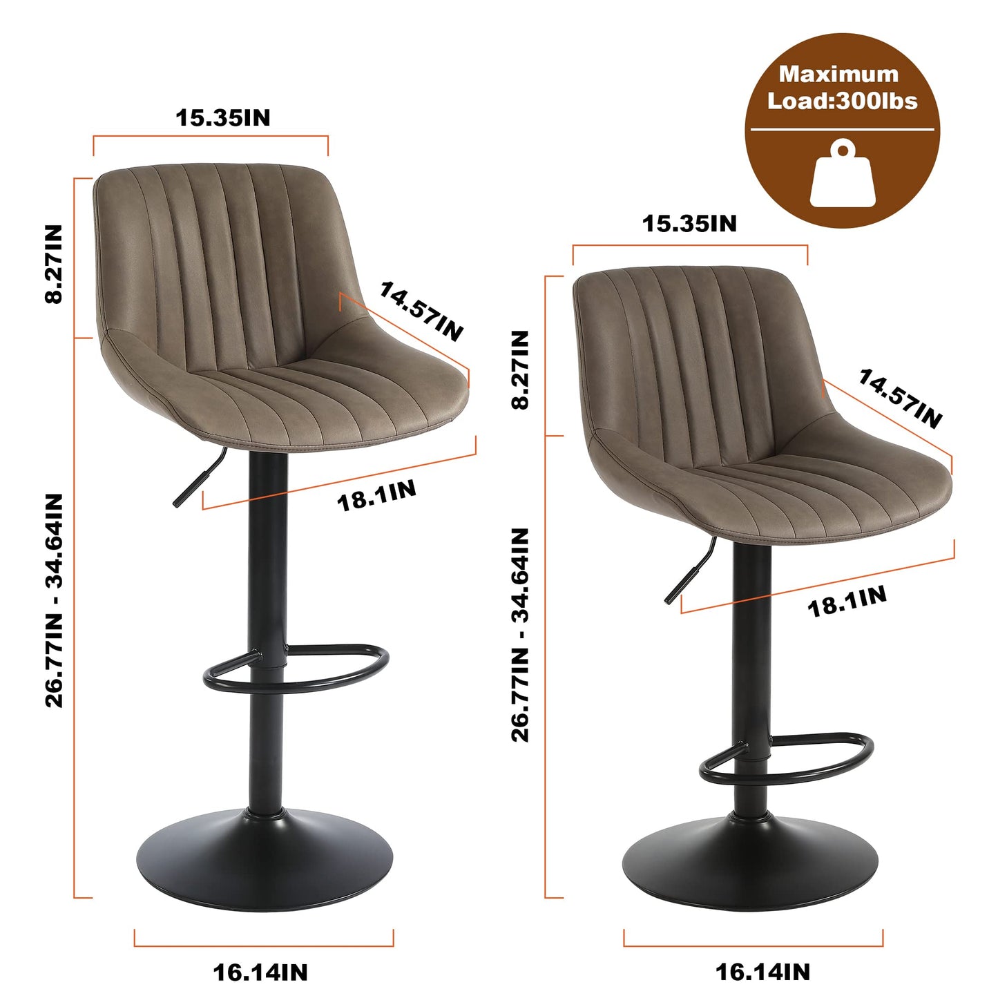 Youhauchair Bar Stool, Swivel Counter Height Barstools with Back, Adjustable PU Leather Bar Stool, Modern Kitchen Breakfast Bar Stools, Brown