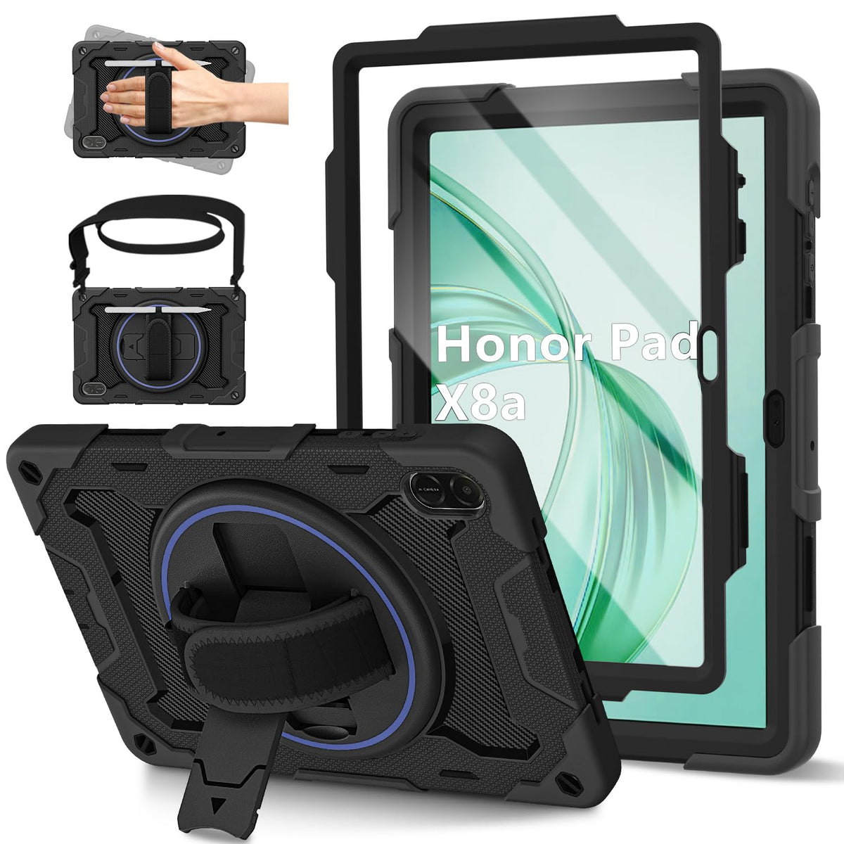 ROSROME for Honor Pad X8a Case 11 inch 2024 with HD Screen Protector, Shockproof Heavy Duty Cover with 360?Rotating Stand/Shoulder Strap/Hand