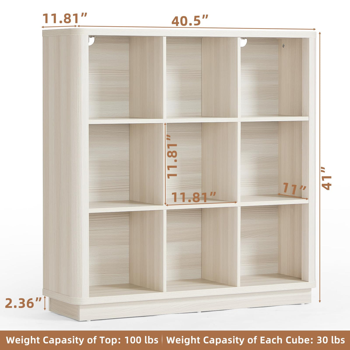 LELELINKY 9 Cube Storage Bookcase, 41" Wide Wooden Book Shelf with Thickened Base, Freestanding 3-Tier Open Book Case Unit with Curved Edge