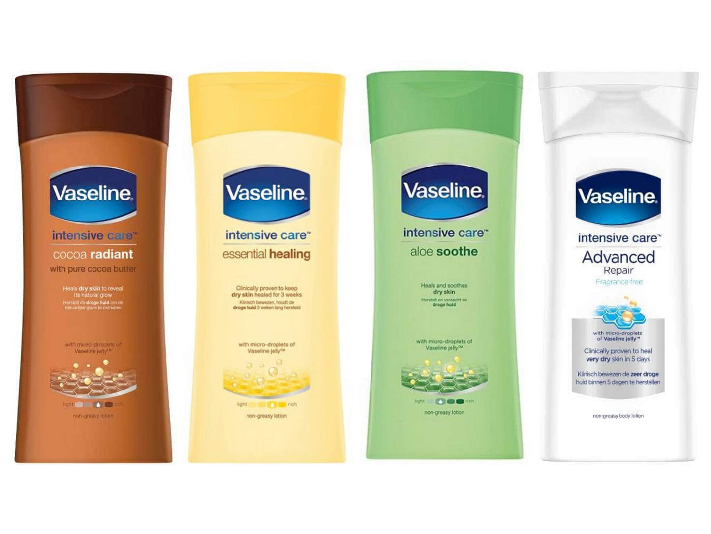 Vaseline Intensive Care Set - 4 x 200ml Non Greasy Body Lotion Bundle. Cocoa Radiant, Essential Healing, Aloe Soothe and Advanced Repair. Heals Dry