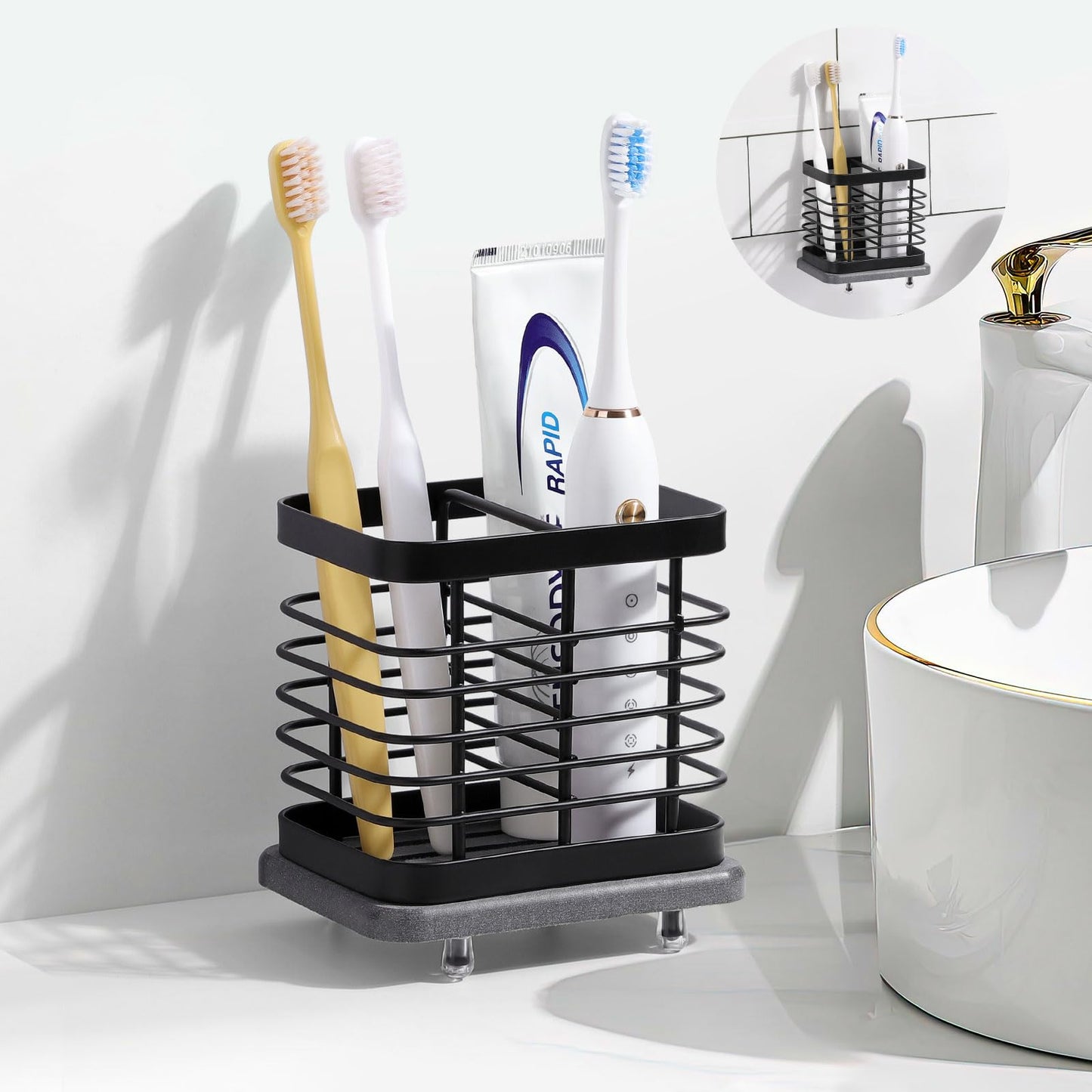 Shinowa Wall Mounted Toothbrush Holder, Stainless Steel Electric Toothbrush & Toothpaste Holder with Fast Dry Diatomaceous Tray, No Drilling Adhesive
