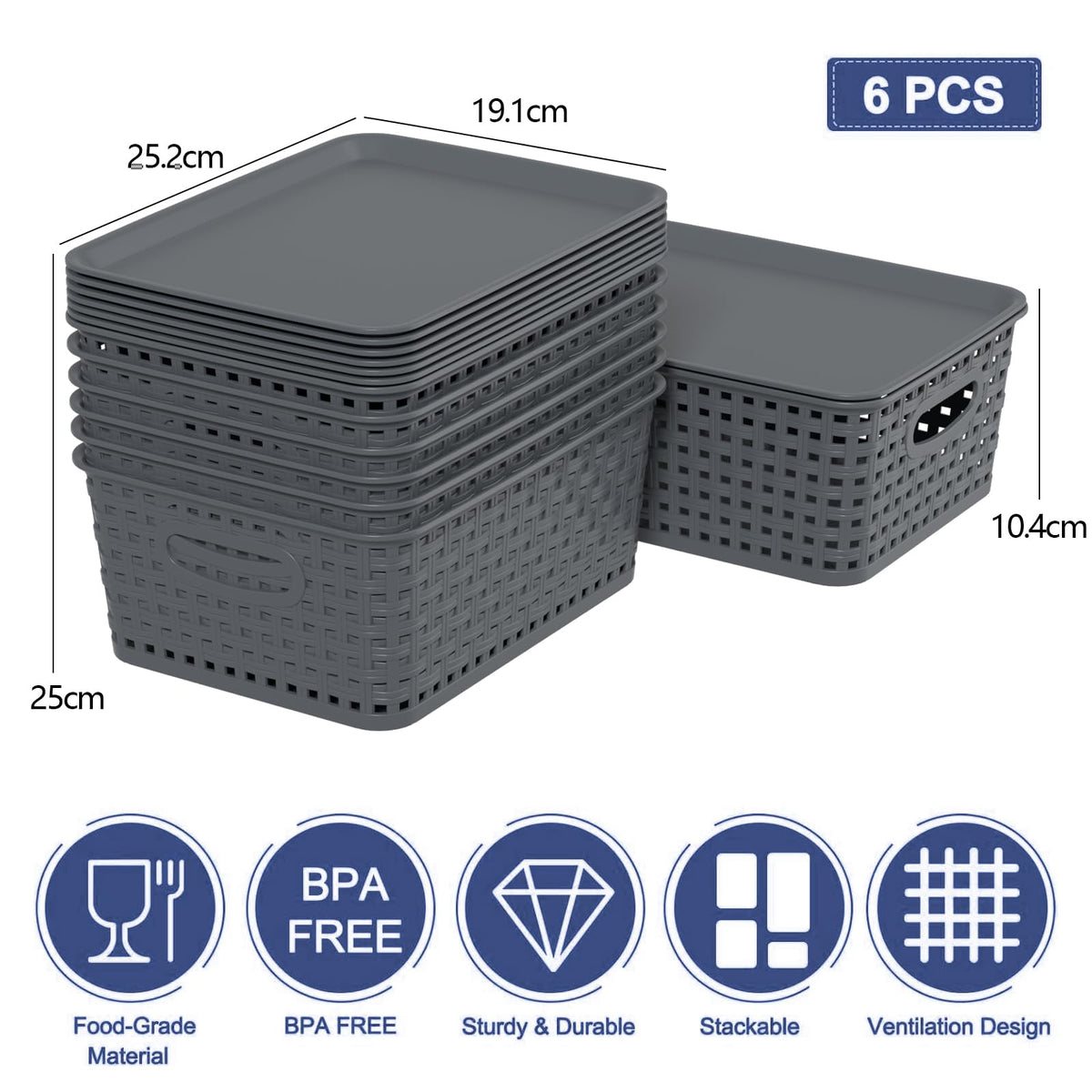 Vadidiya 6 Pack Plastic Weave Storage Baskets with Lids, Grey lidded Bins