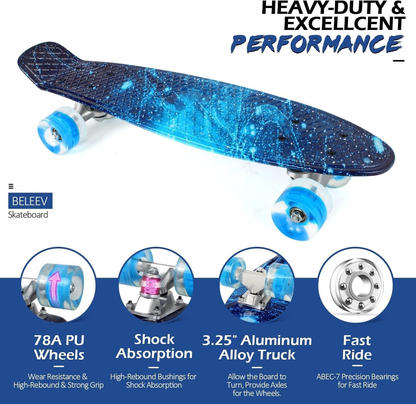 BELEEV 22 inch Skateboards for Kids, Cruiser Skateboard for Girls Boys Teens Adults Beginners, LED Light up Wheels, Mini Skateboards Classic Complete