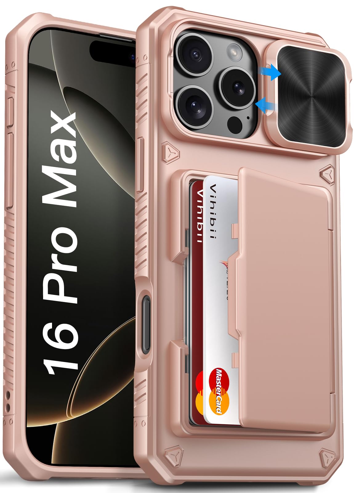 Vihibii for iPhone 16 Pro Max Case Wallet with Card Holder (4 Cards) [RFID Blocking] & Slide Camera Cover, Military Grade Drop Protection, Rugged Back