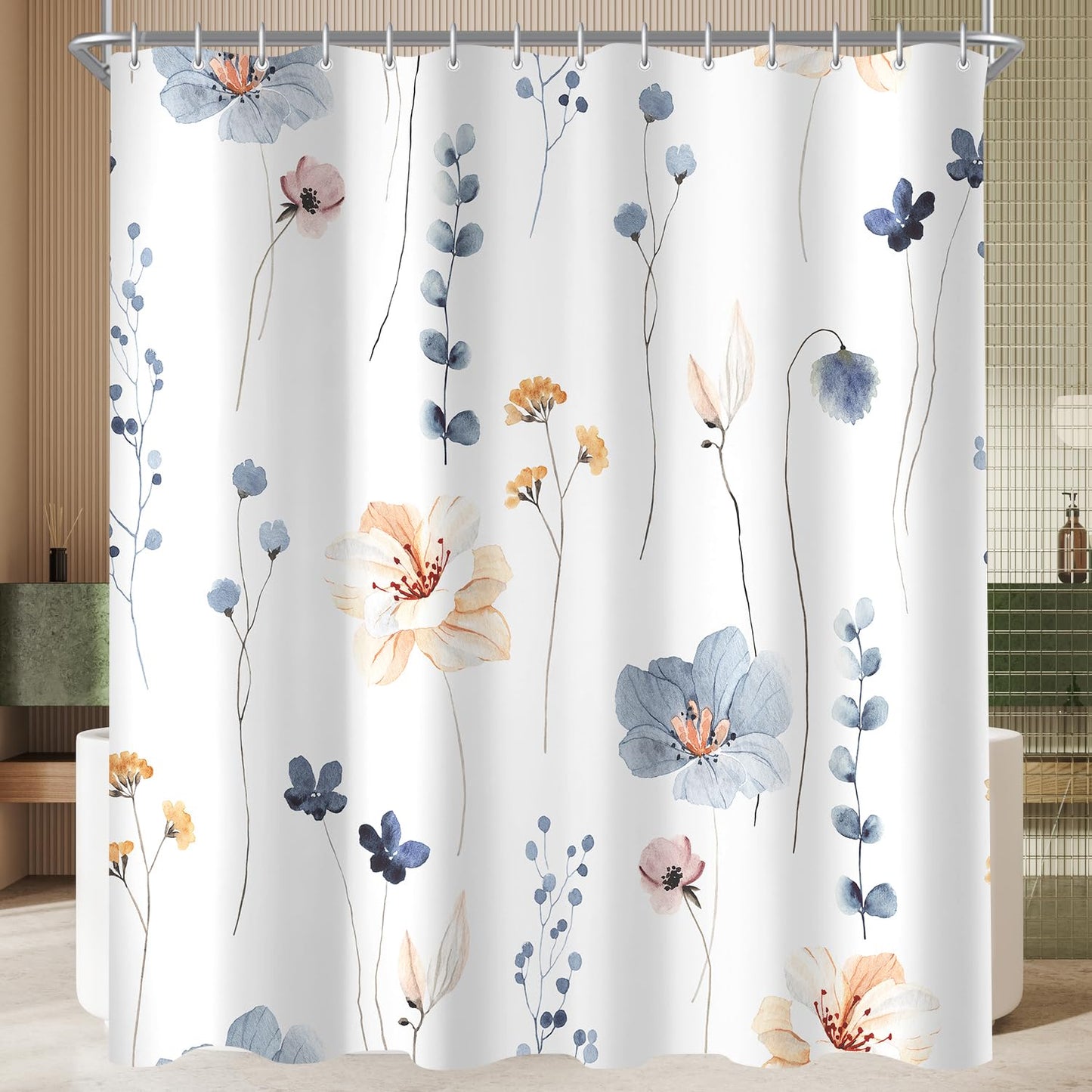 Lerores Shower Curtain, 180 x 200 cm, Blue Flower, Weighted Hem, Anti-Mould, Water-Repellent, Washable Polyester Bath Curtains with 12 Eyelets and