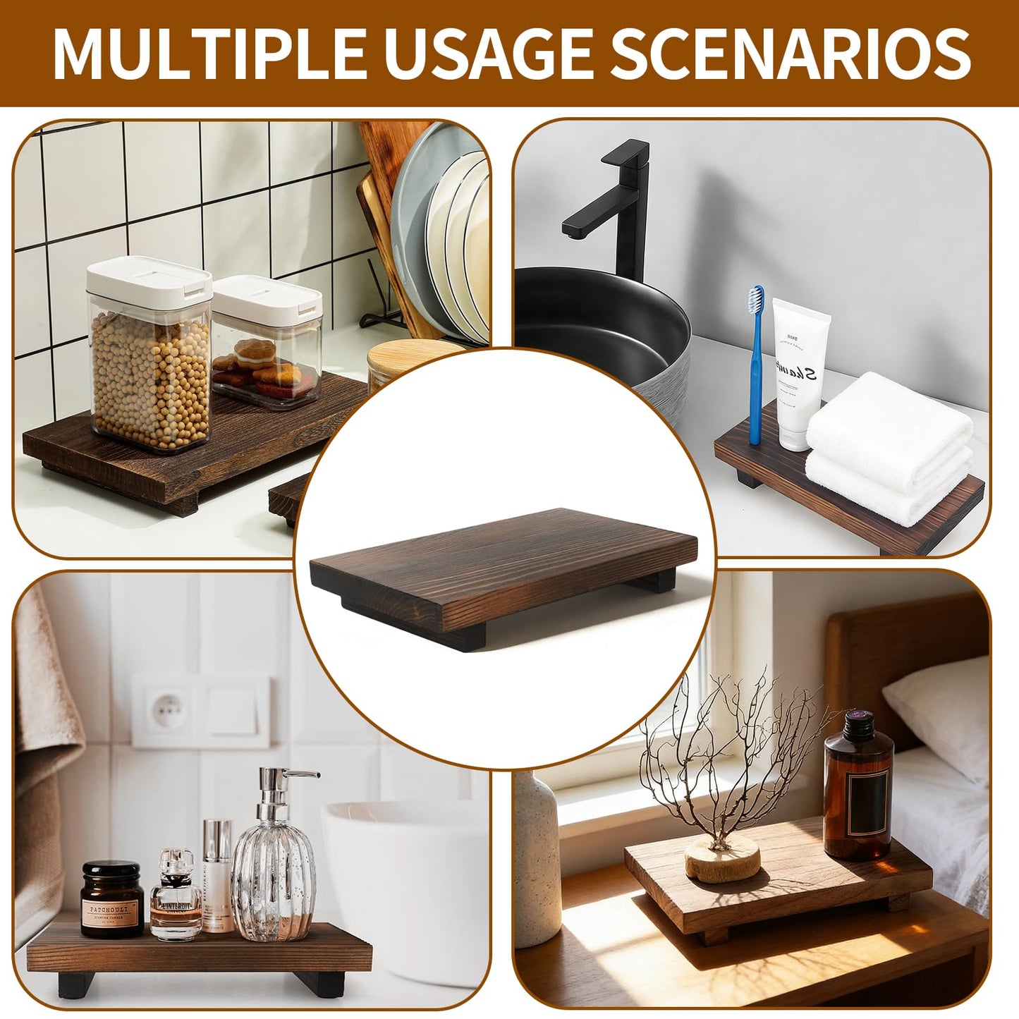 2 Pcs Wooden Trays for Display, Candle Tray Kitchen Decor Wooden Display Stand for Bottles Candle Home Decoration