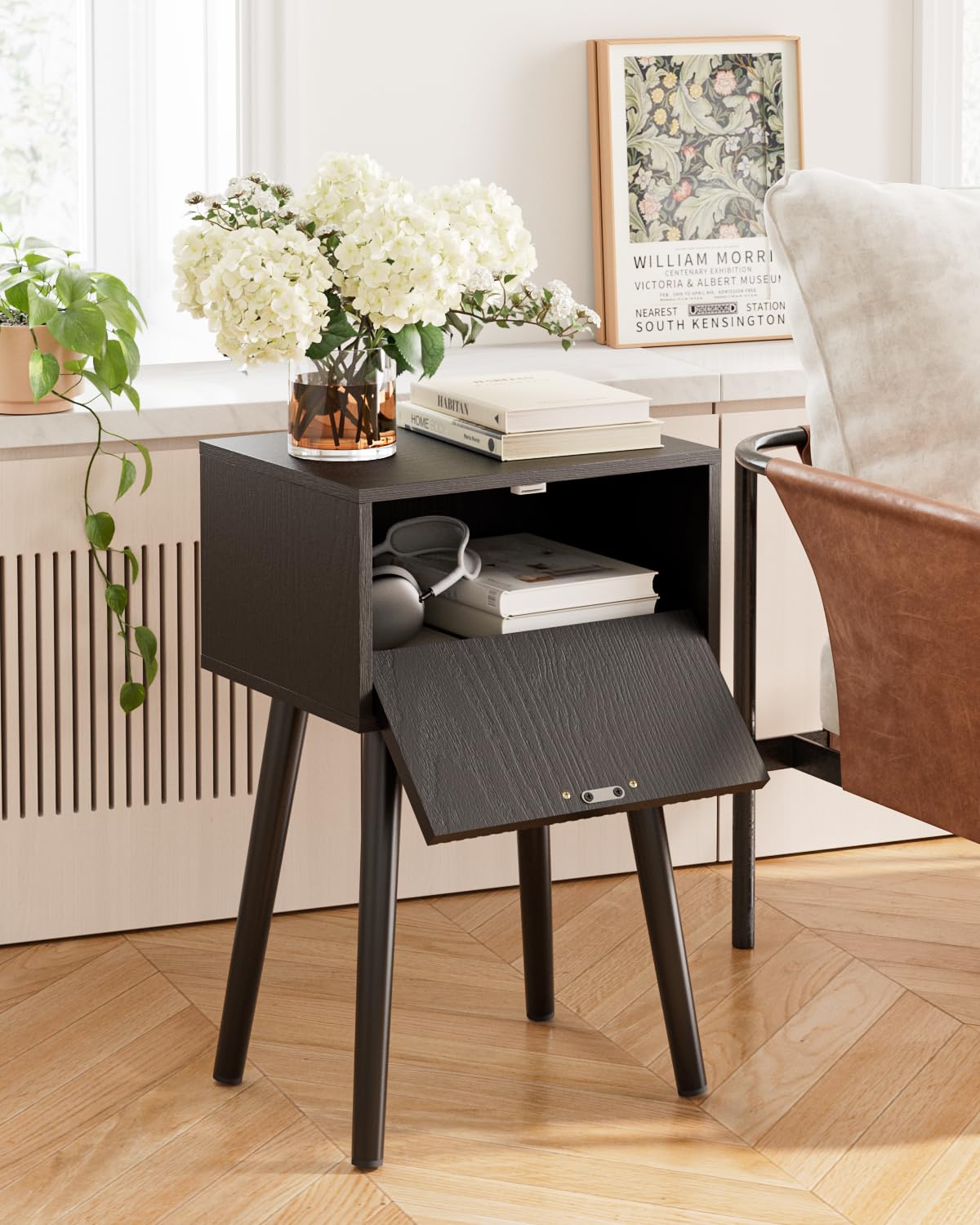 Apetaccat Bedside Table, Side Table with Drawer and Long Wooden Leg, Black