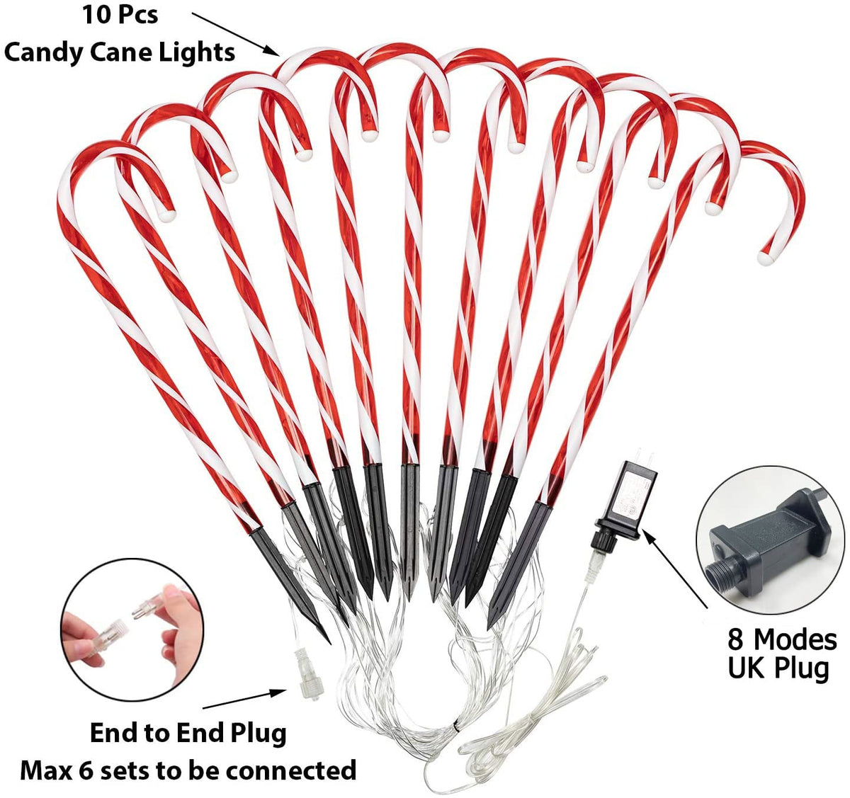 Christmas Lights Outdoor - 10 Sets 21in Candy Cane 60 Red LEDs with Memory Function 8 Modes End-to-End Plug in Waterproof Extendable Lighted Xmas Path