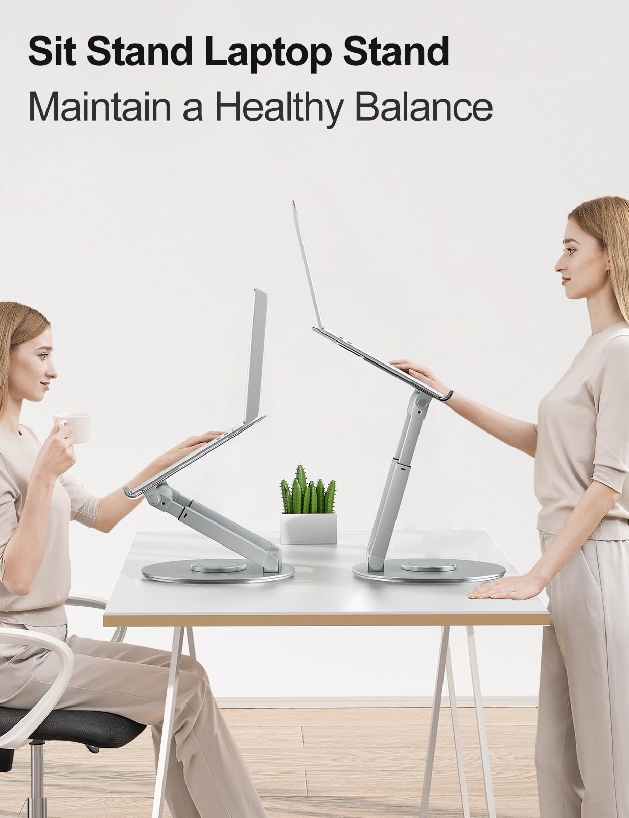 tounee Telescopic Laptop Stand for Desk with 360 Swivel Base, Sit to Stand, Height Adjustable, Portable Riser Holder for Good Posture, Compatible