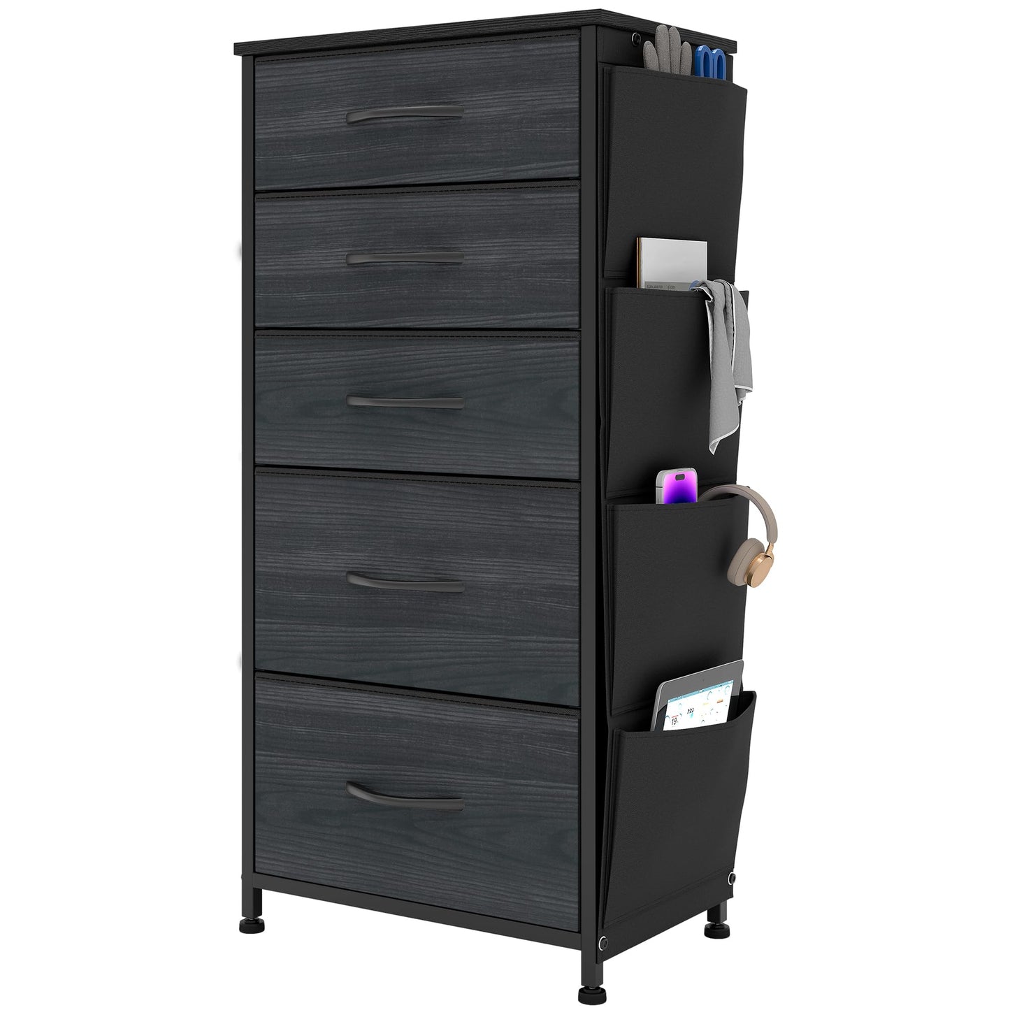 YITAHOME Narrow Chest of Drawers with 5 Drawers, Fabric Drawers with Side Pocket&Hooks,Sturdy Steel Frame,Storage Drawers for Bedroom
