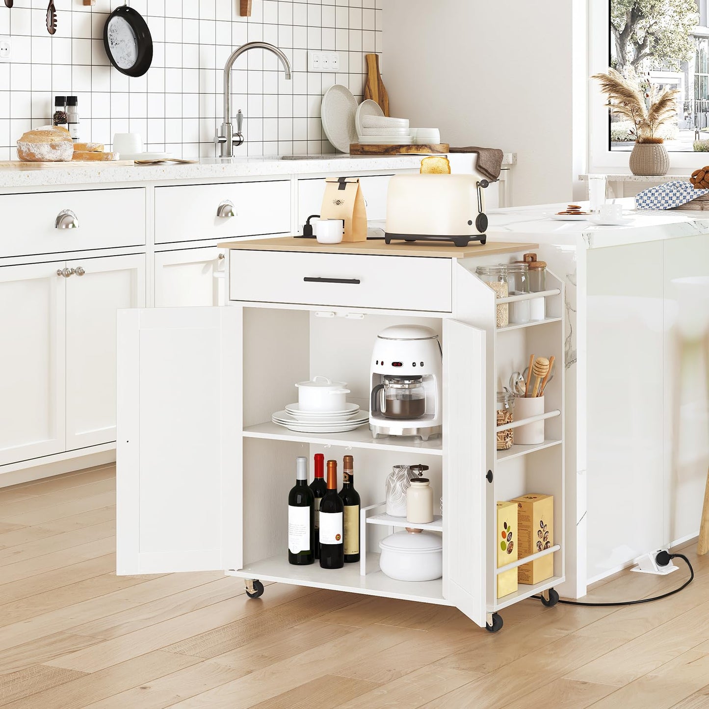 HOOBRO Kitchen Island on Wheels, Rolling Kitchen Island Storage Trolley with Spice Rack and Drawer, with Power Outlet, Utility Serving Cart, for Home
